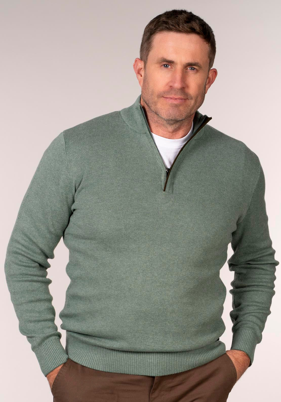Yeats 1/4 Zip Knitwear - Green 1 Shaws Department Stores