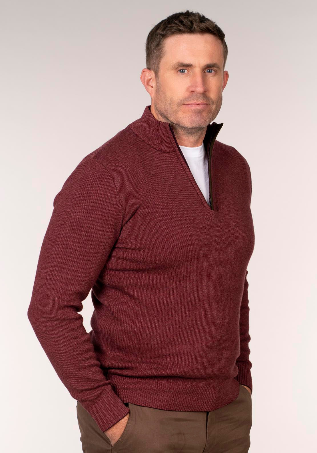 Yeats 1/4 Zip Knitwear - Berry 3 Shaws Department Stores