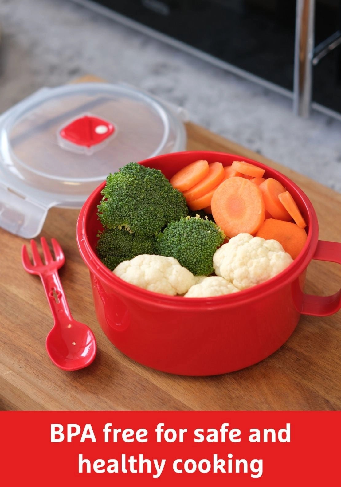 Prestige Good2Heat Microwave Cookware Bowl &amp; Spork 900ml - Red 5 Shaws Department Stores