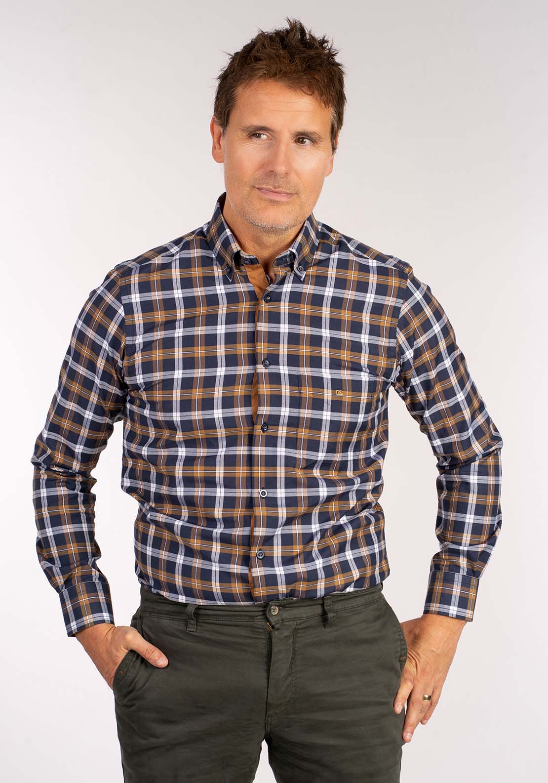 Drifter Long Sleeve Check Shirt - Beige 1 Shaws Department Stores