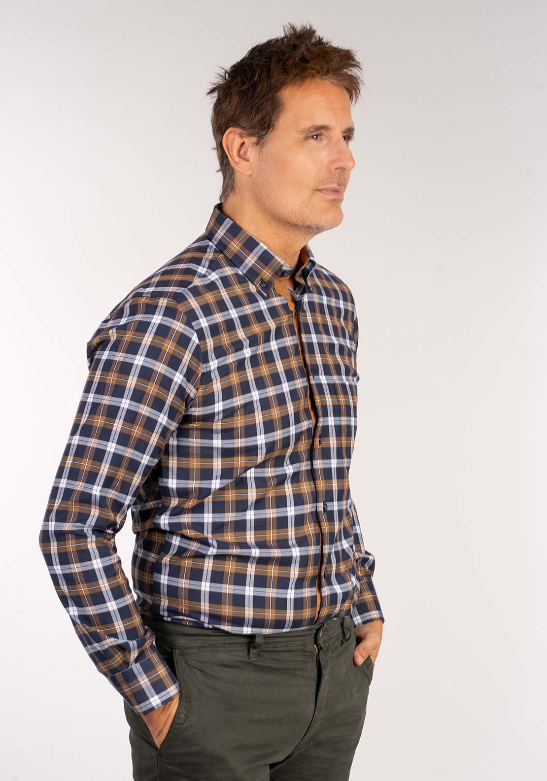 Drifter Long Sleeve Check Shirt - Beige 8 Shaws Department Stores
