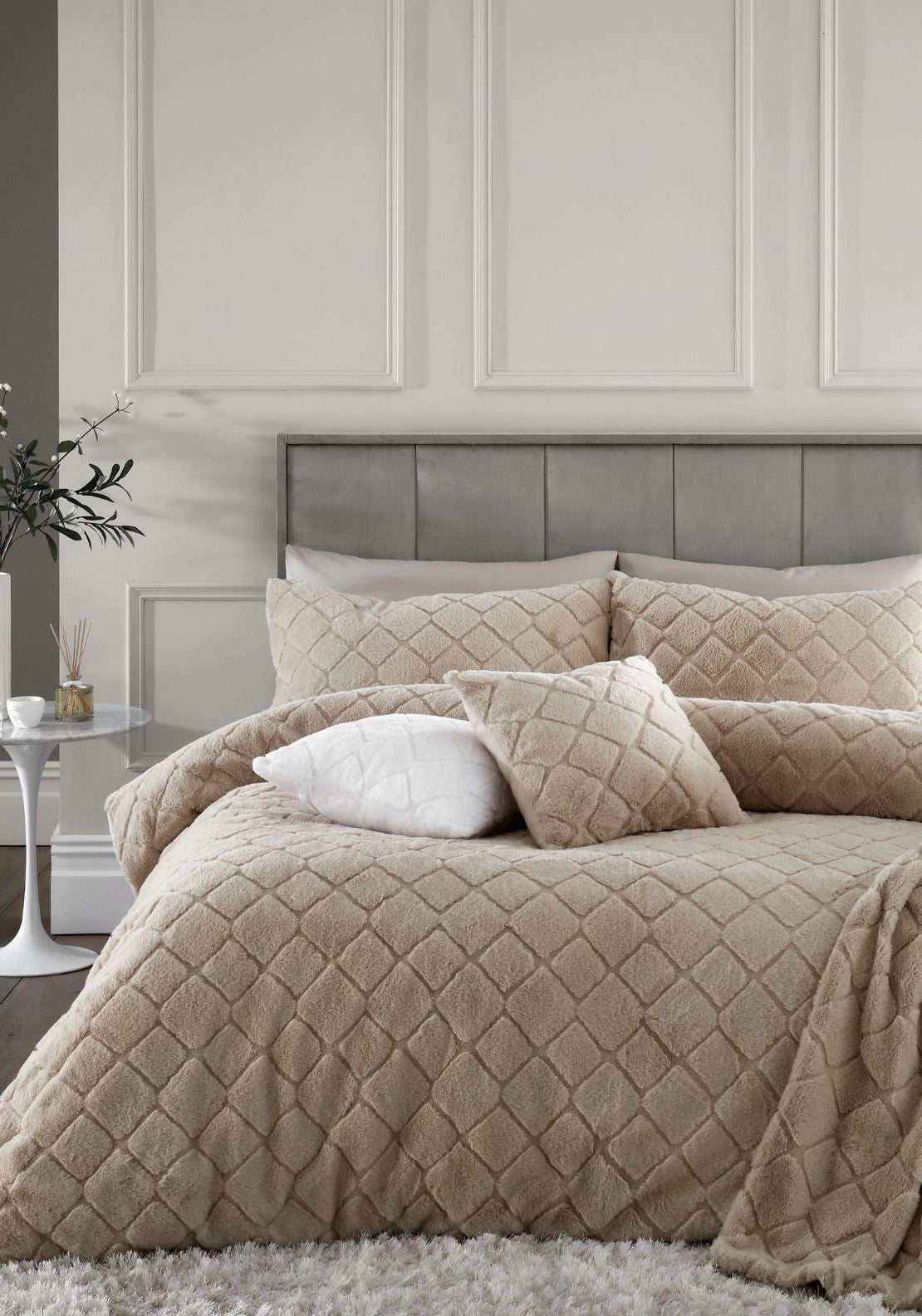 Cosy Diamond Faux Fur Duvet Cover Set Natural - Beige
