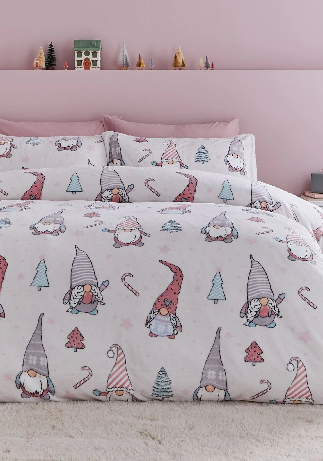 Catherine Lansfield Christmas Festive Gnomes Cosy Fleece Duvet Cover Set - Pink 1 Shaws Department Stores