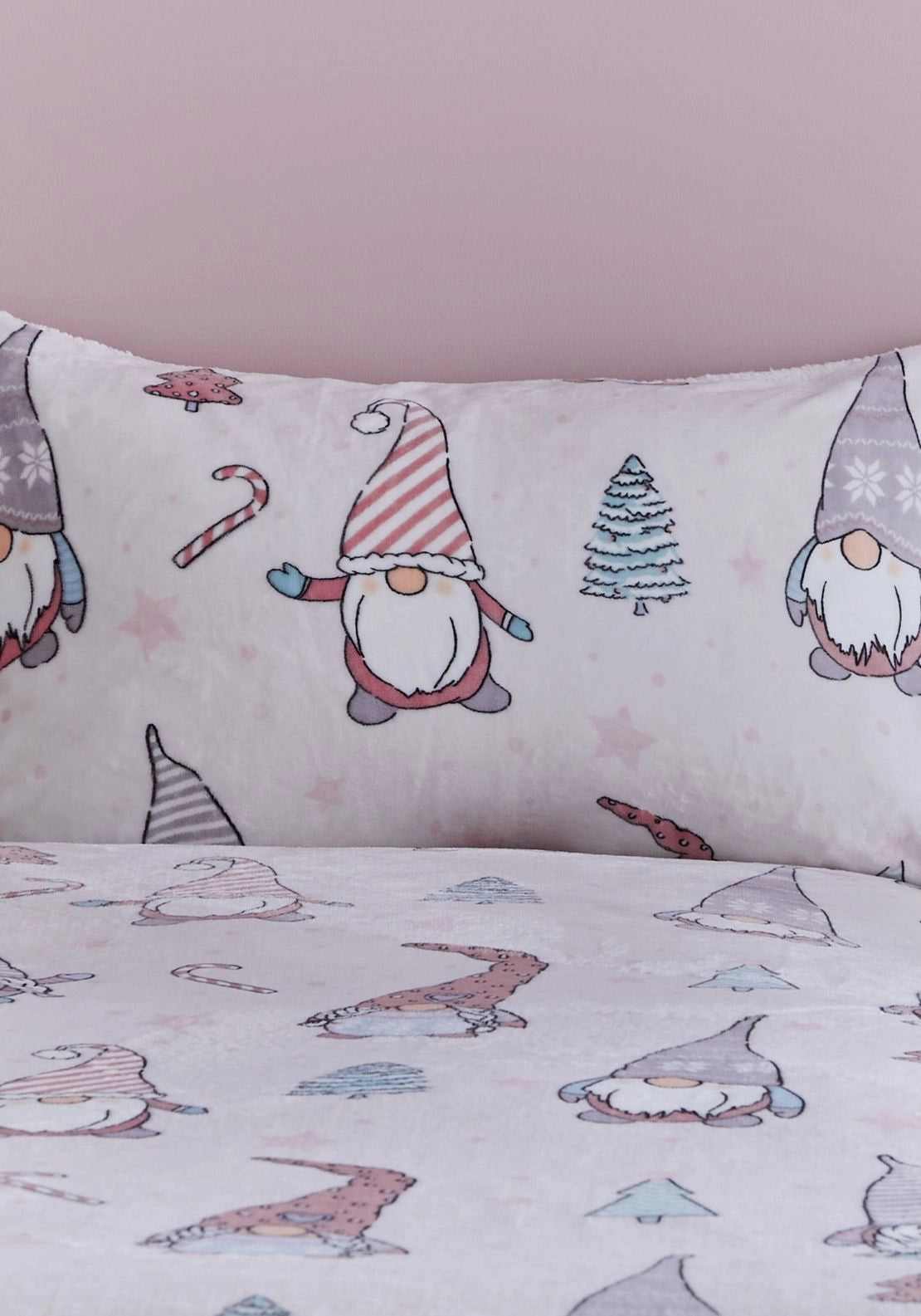 Catherine Lansfield Christmas Festive Gnomes Cosy Fleece Duvet Cover Set - Pink 2 Shaws Department Stores