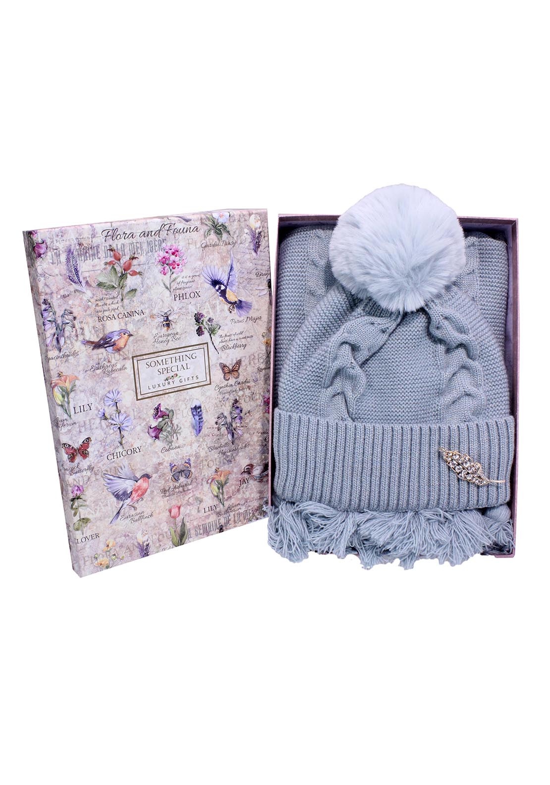 Brandwell Cable Knit Hat &amp; Brooch With Matching Tassel Scarf 1 Shaws Department Stores