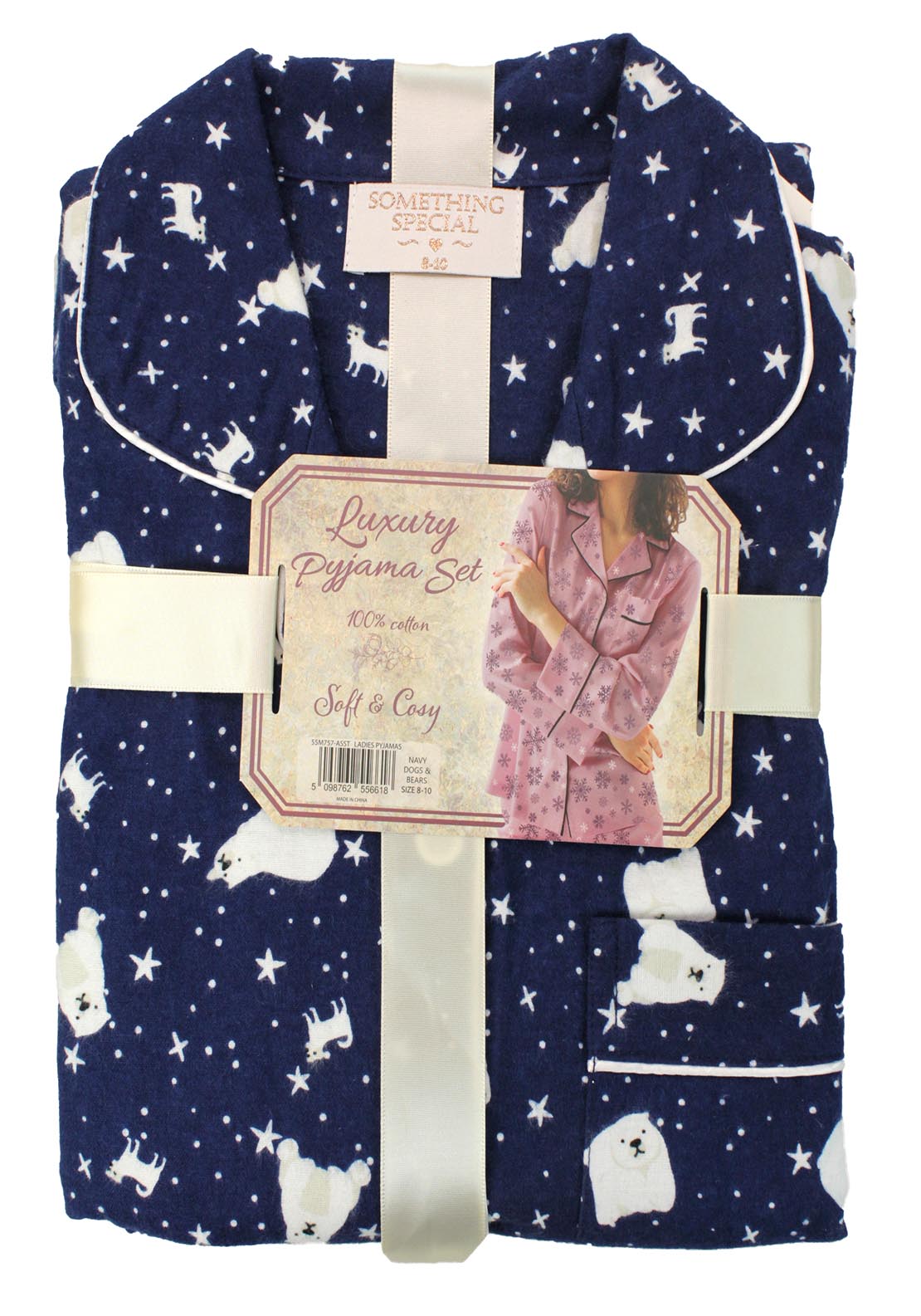 Something Special Brushed Cotton Pj Set Ribbon - Navy 1 Shaws Department Stores