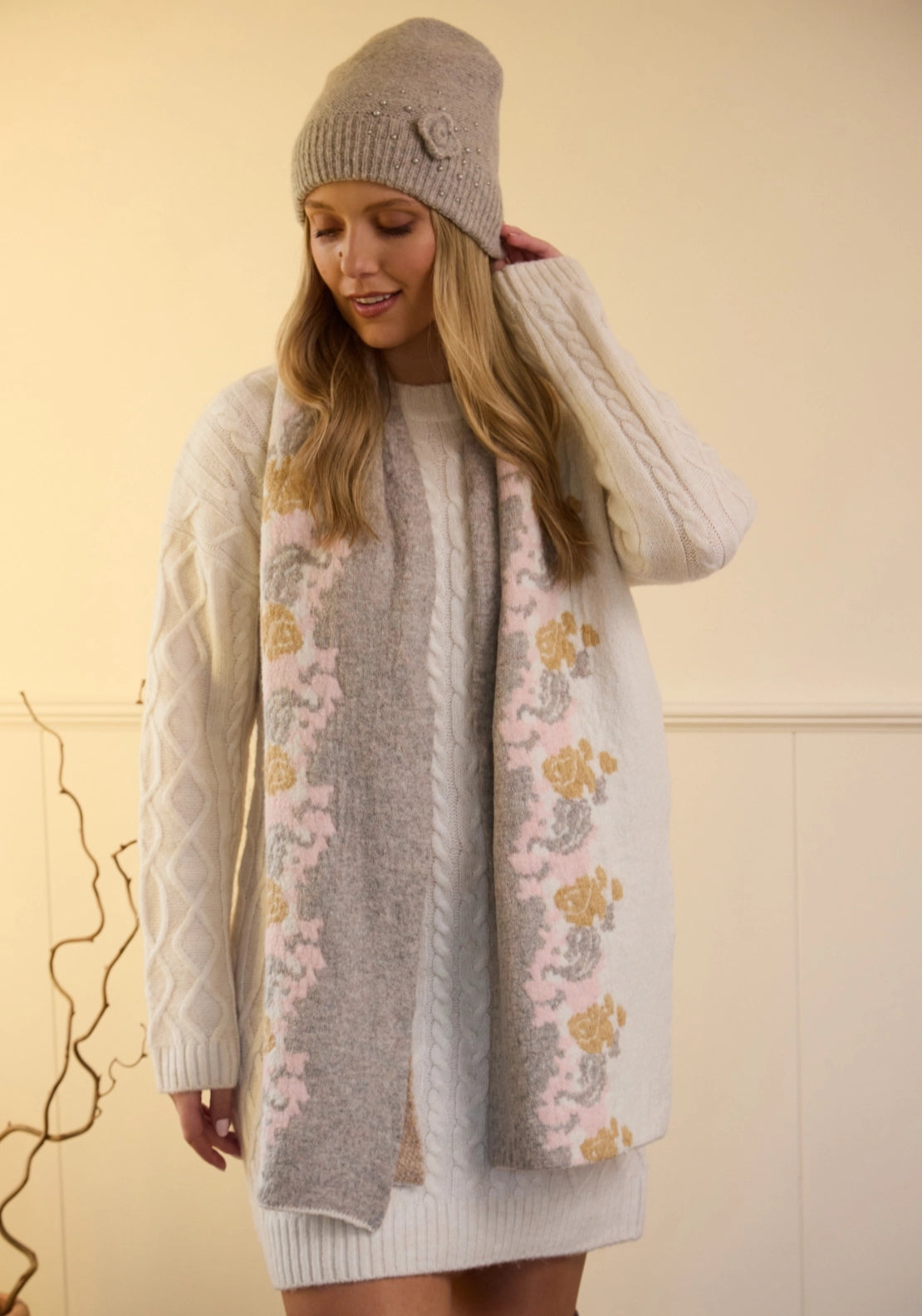 Something Special Luxury Pearl Knit Hat &amp; Scarf Set - Floral 3 Shaws Department Stores