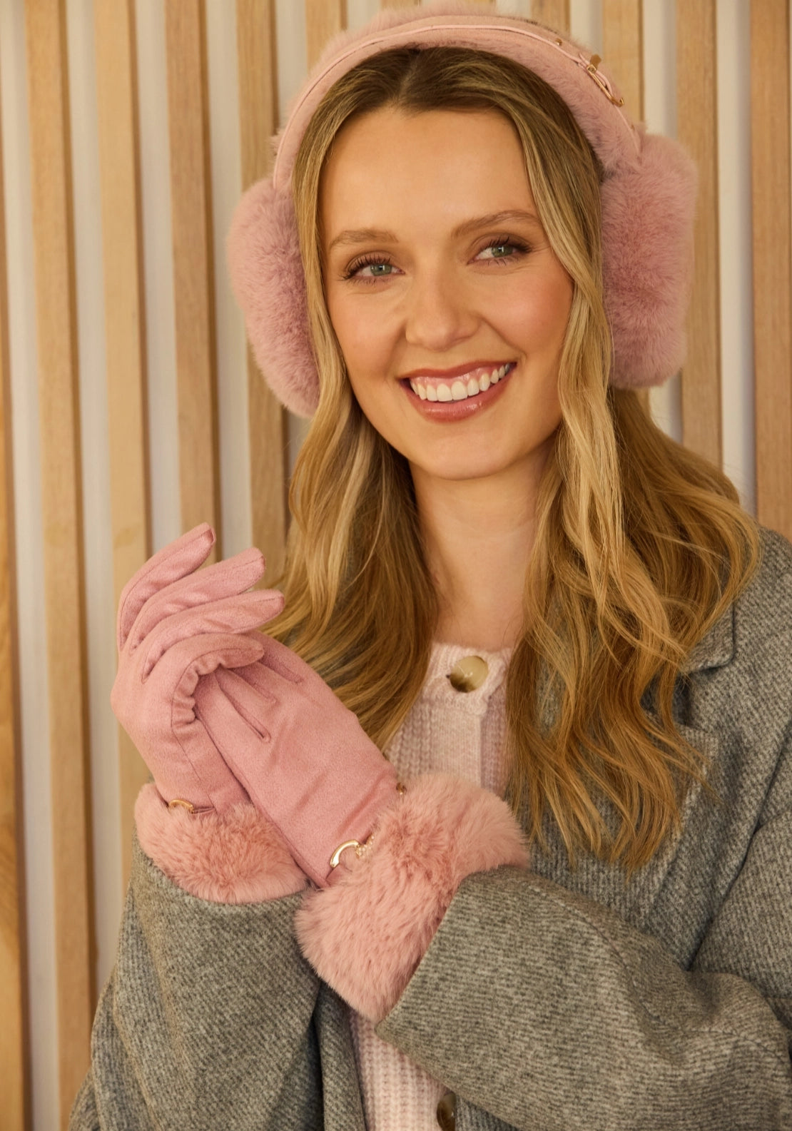 Something Special Suede Look Gloves &amp; Plush Earmuff Set - Dusty Pink 3 Shaws Department Stores