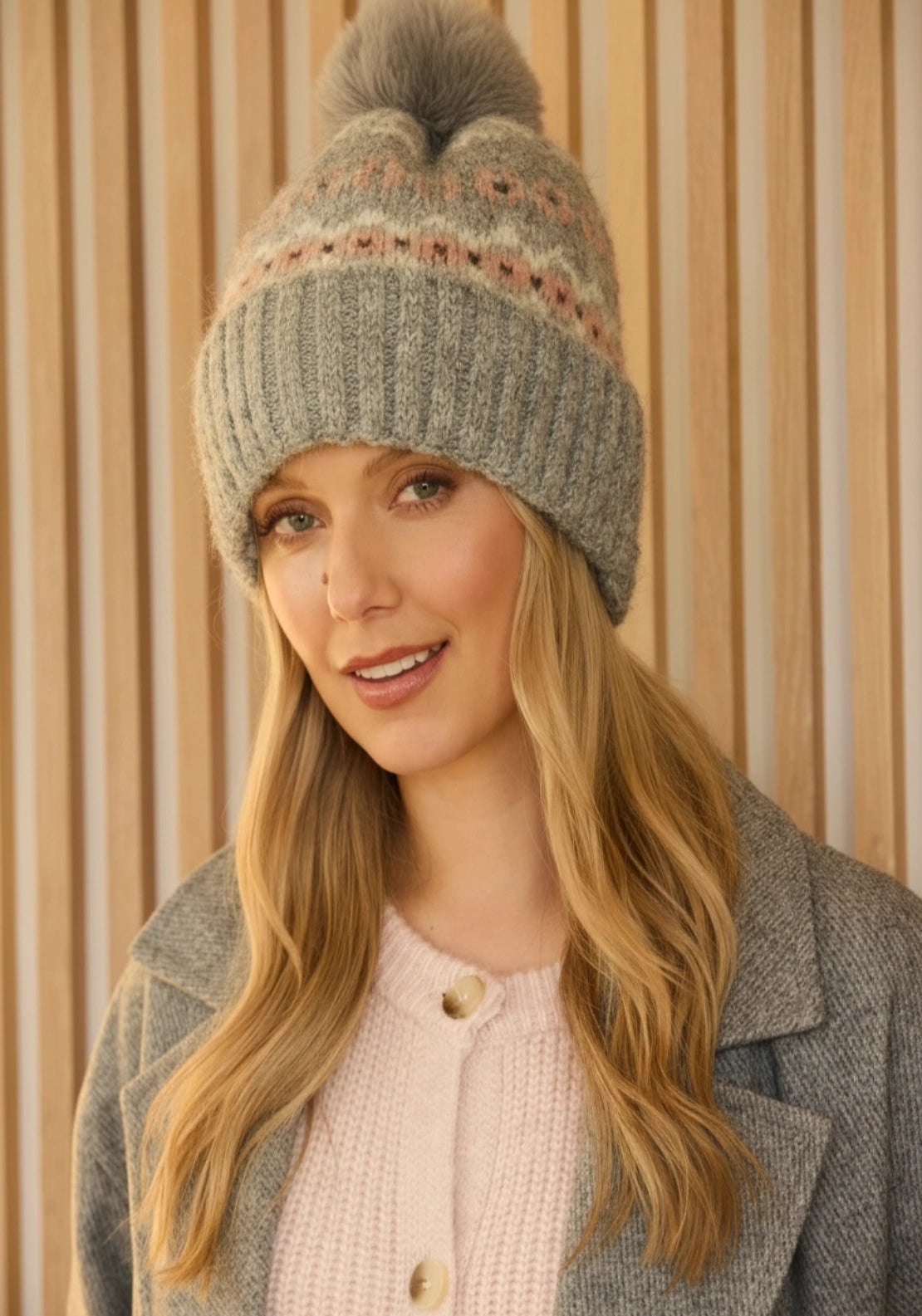 Something Special Chunky Knit Pom Pom Hat - Grey Fairisle 3 Shaws Department Stores