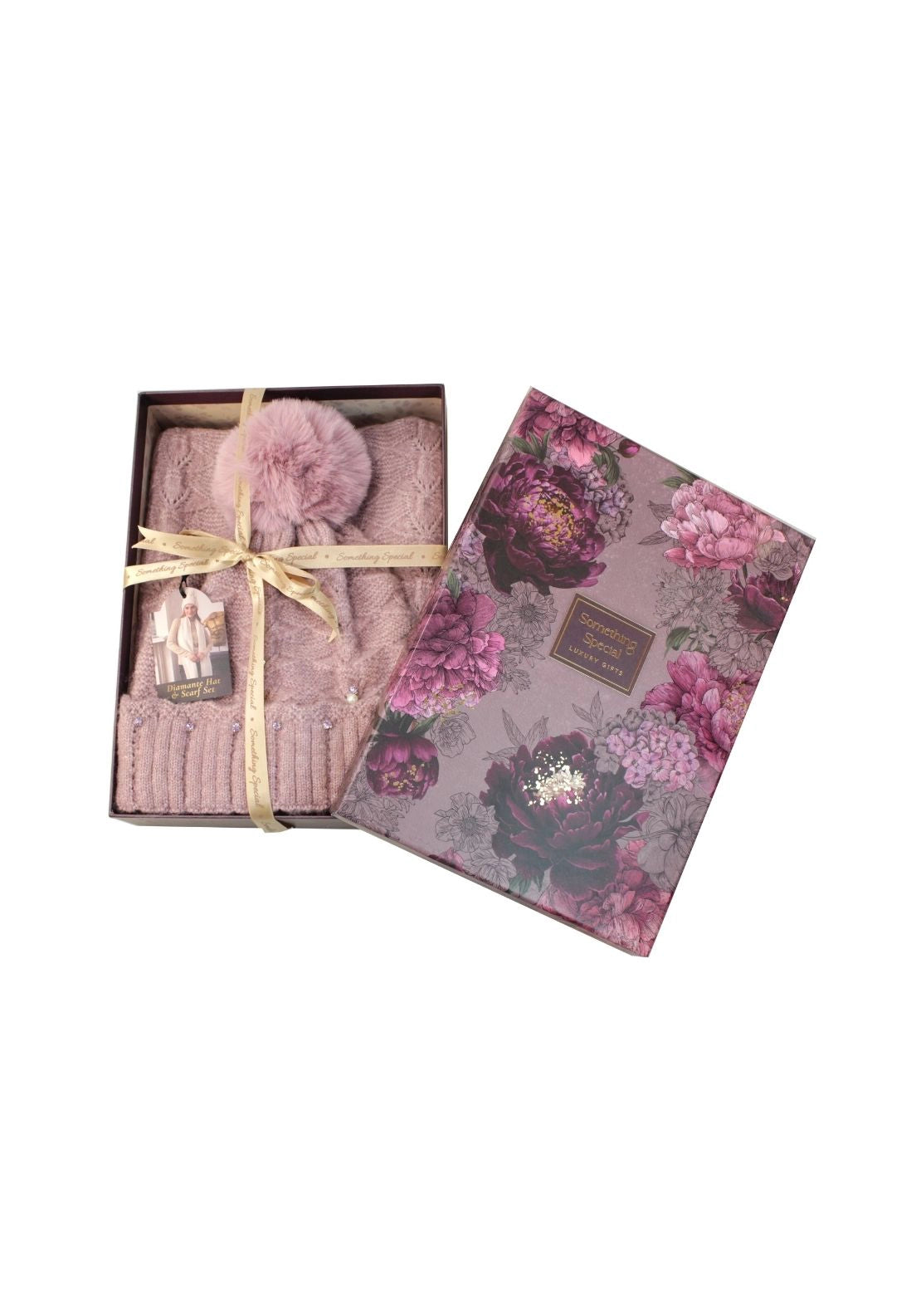 Something Special Diamante Hat &amp; Scarf Set - Mauve 1 Shaws Department Stores