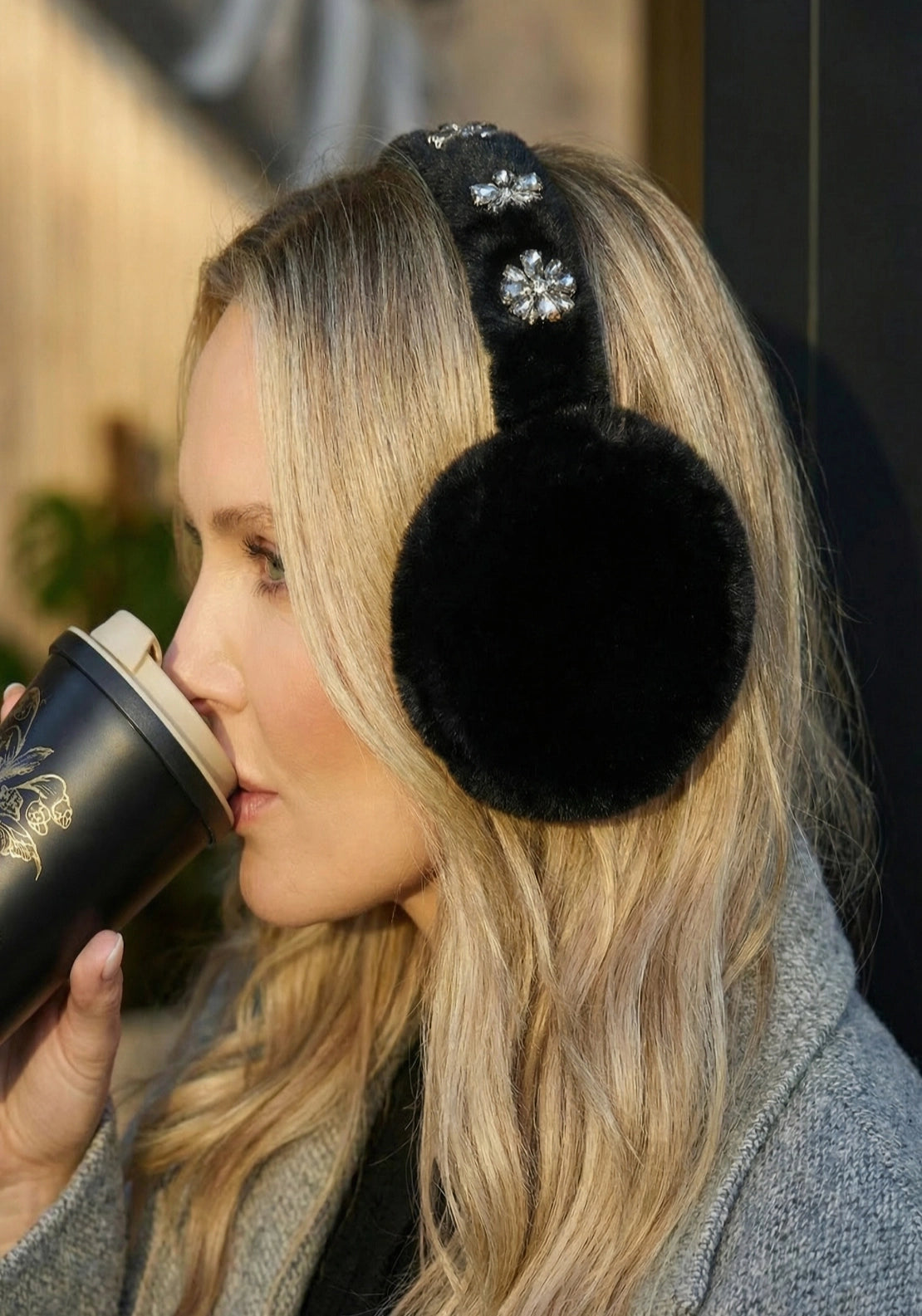 Something Special Plush Diamante Earmuff &amp; Thermal Mug Set - Black 2 Shaws Department Stores