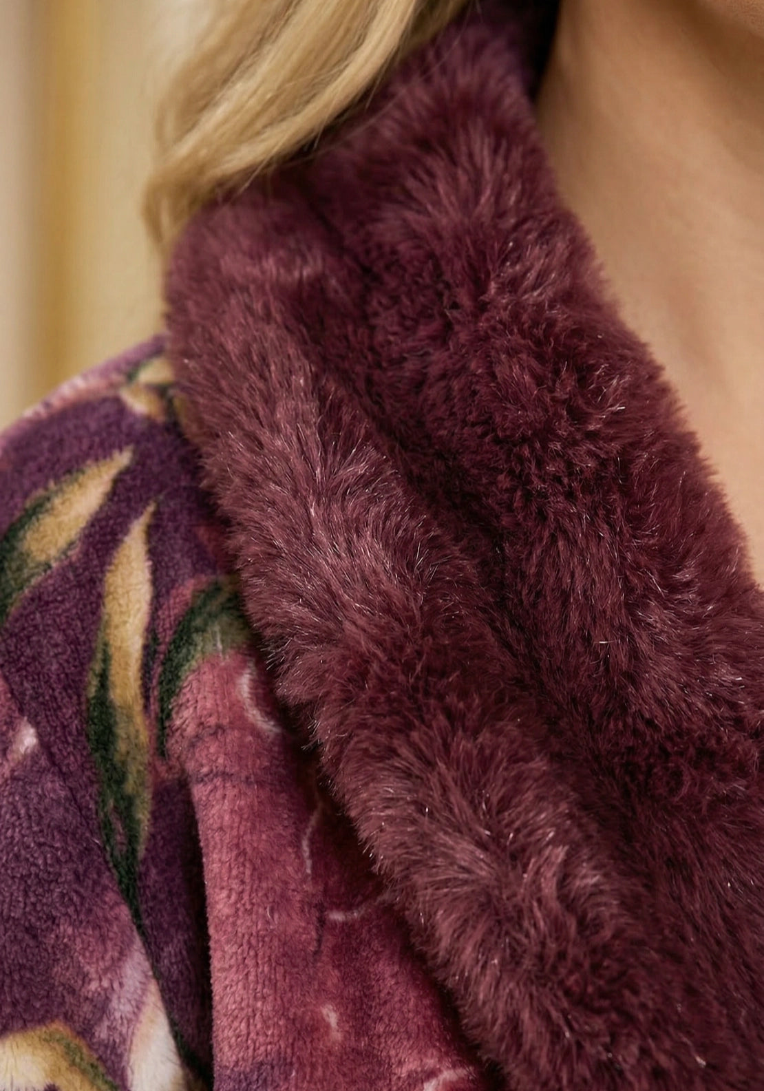Something Special Luxury Faux Fur Collar Dressing Gown - Purple Botanical 2 Shaws Department Stores