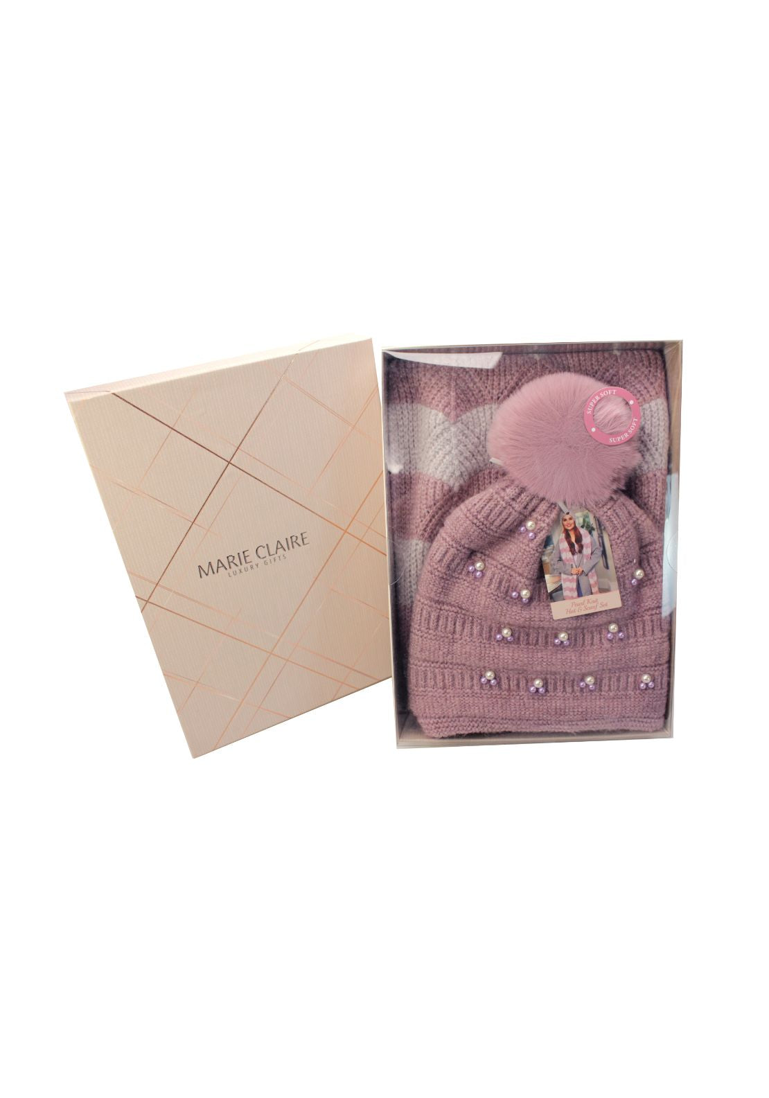 Marie Claire Pearl Knit Hat &amp; Scarf Set - Dusty Mauve 1 Shaws Department Stores