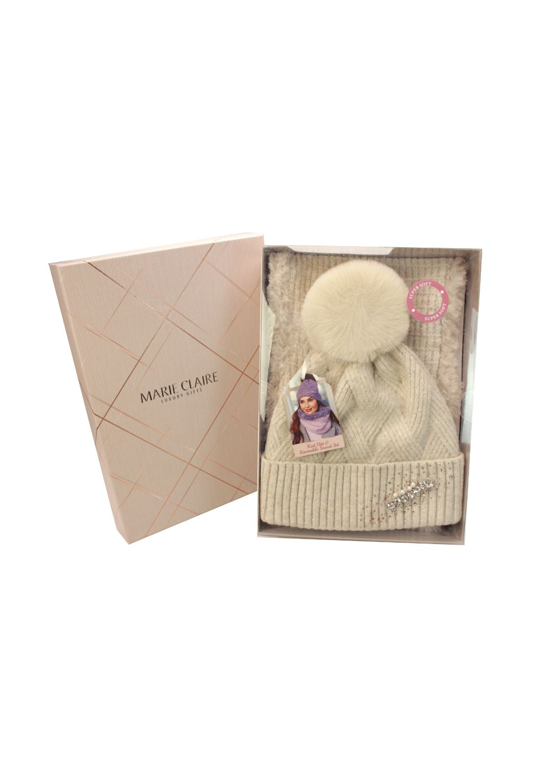 Marie Claire Knit Hat &amp; Reversible Snood Set - Cream 1 Shaws Department Stores