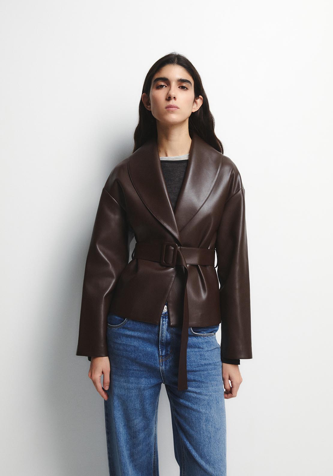 Wide Lapel Cross-Front Jacket - Brown
