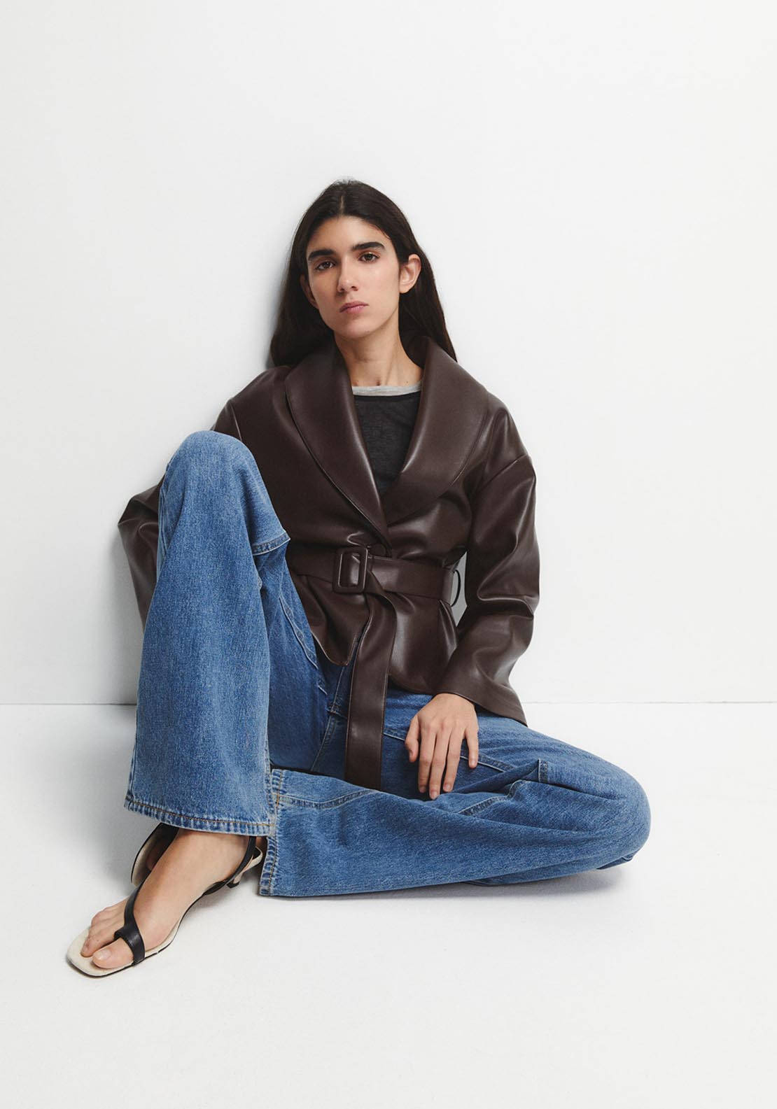 Wide Lapel Cross-Front Jacket - Brown