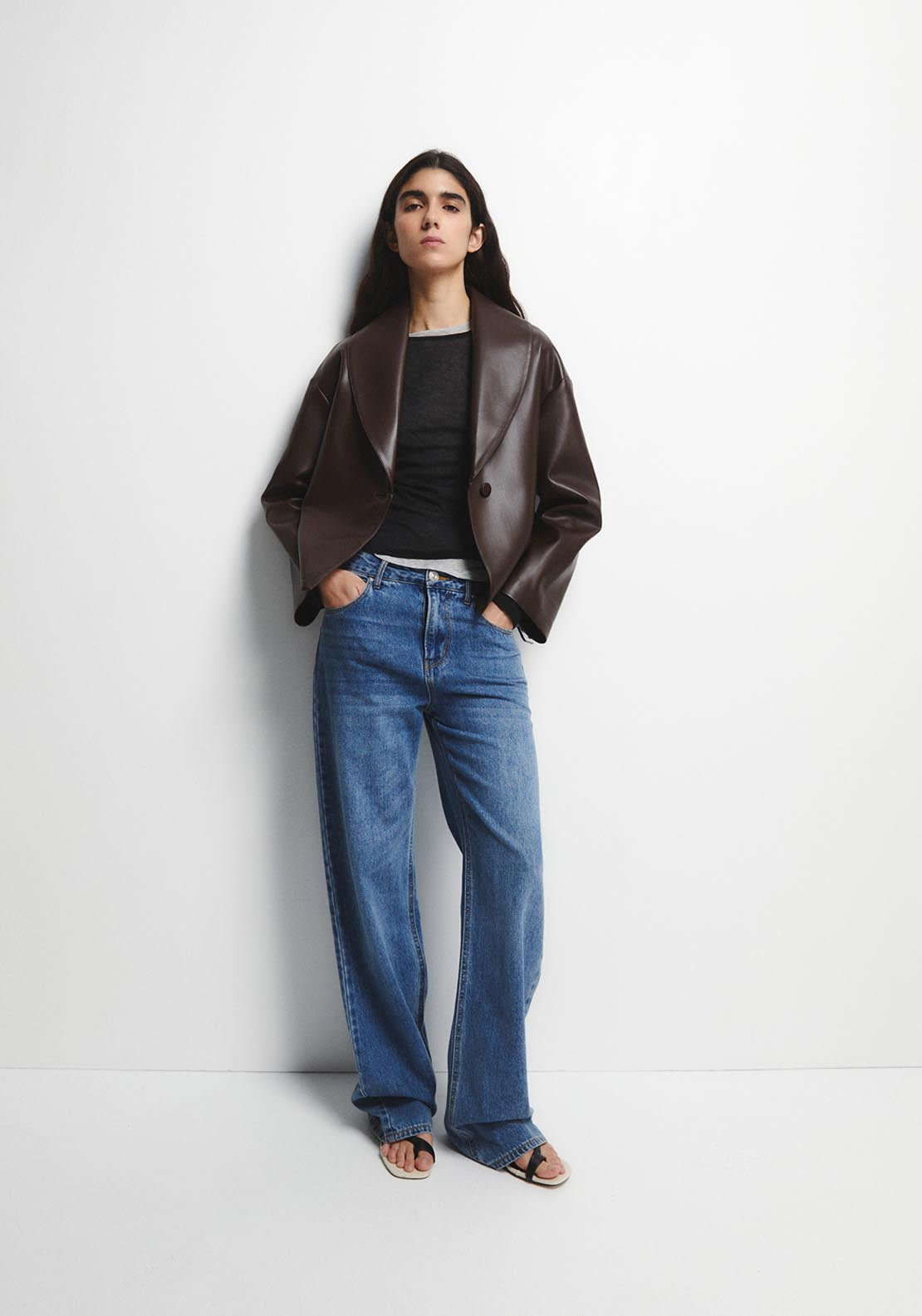 Wide Lapel Cross-Front Jacket - Brown