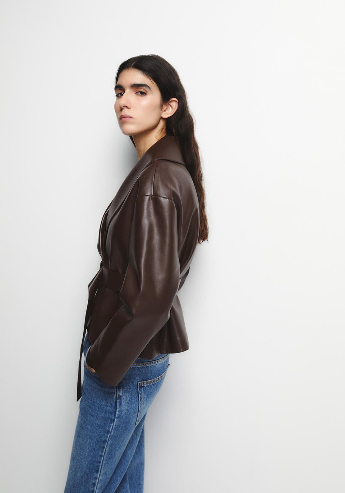 Wide Lapel Cross-Front Jacket - Brown