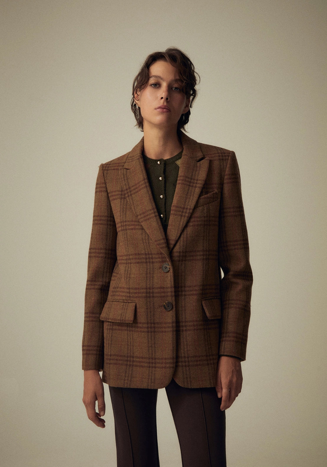 Checked Button Blazer - Beige