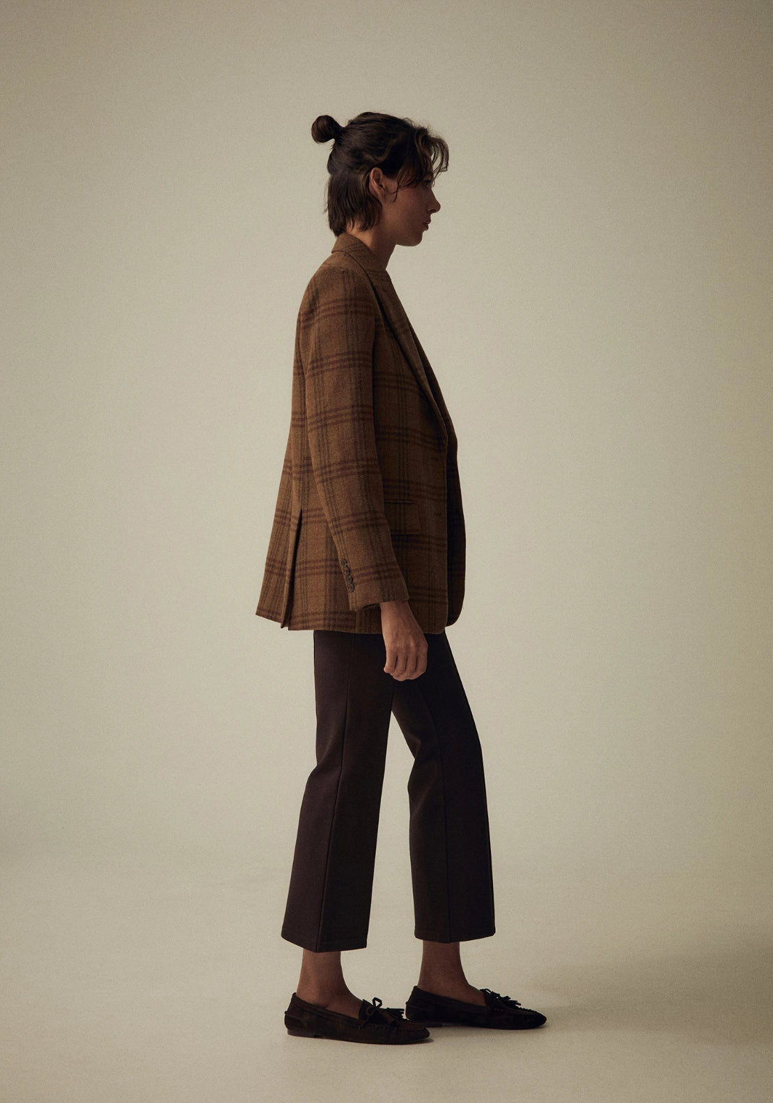 Checked Button Blazer - Beige