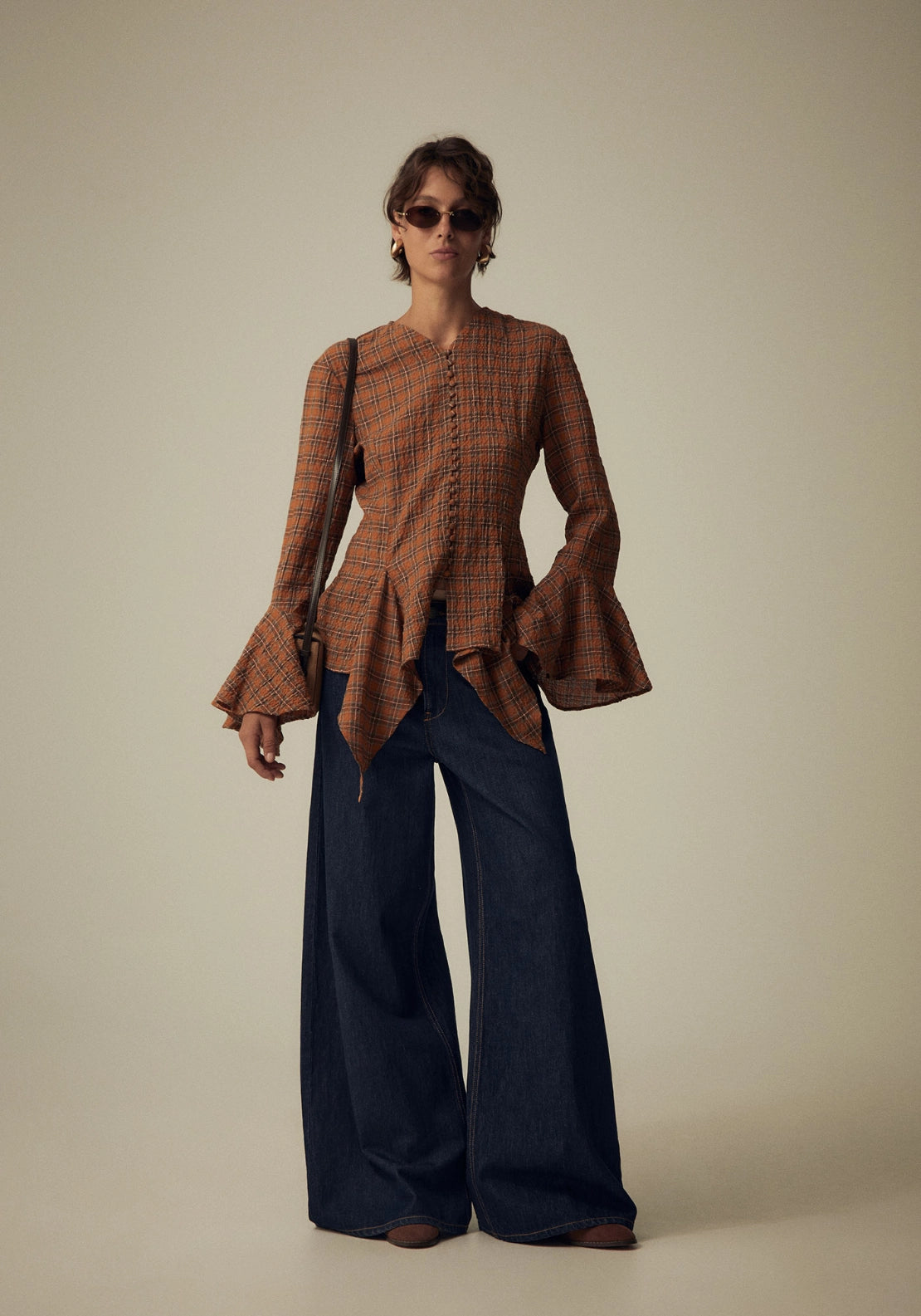 Checked Button Blouse - Orange