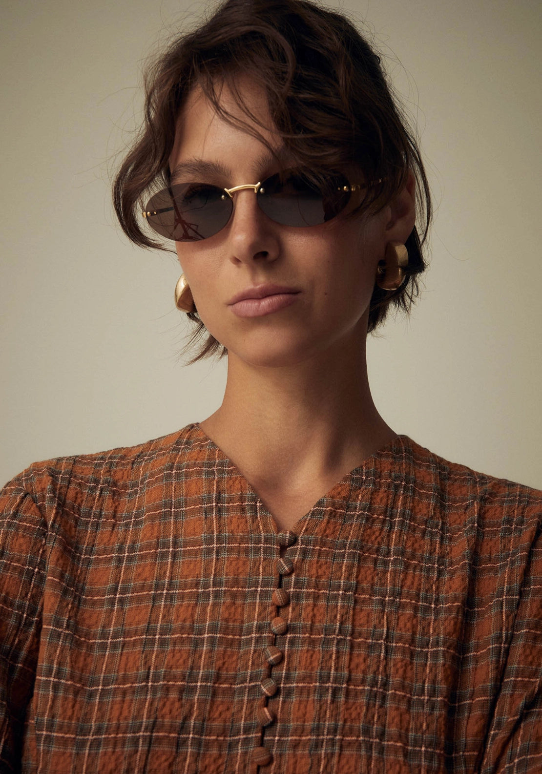 Checked Button Blouse - Orange