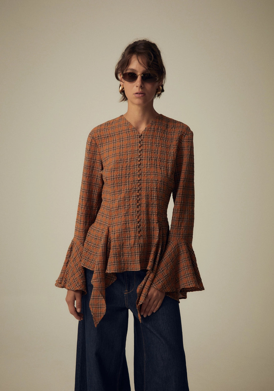 Checked Button Blouse - Orange