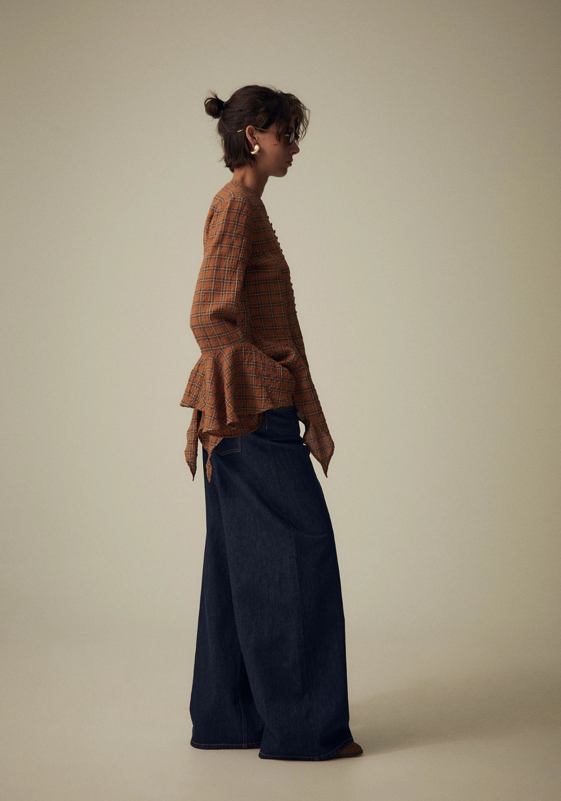 Checked Button Blouse - Orange
