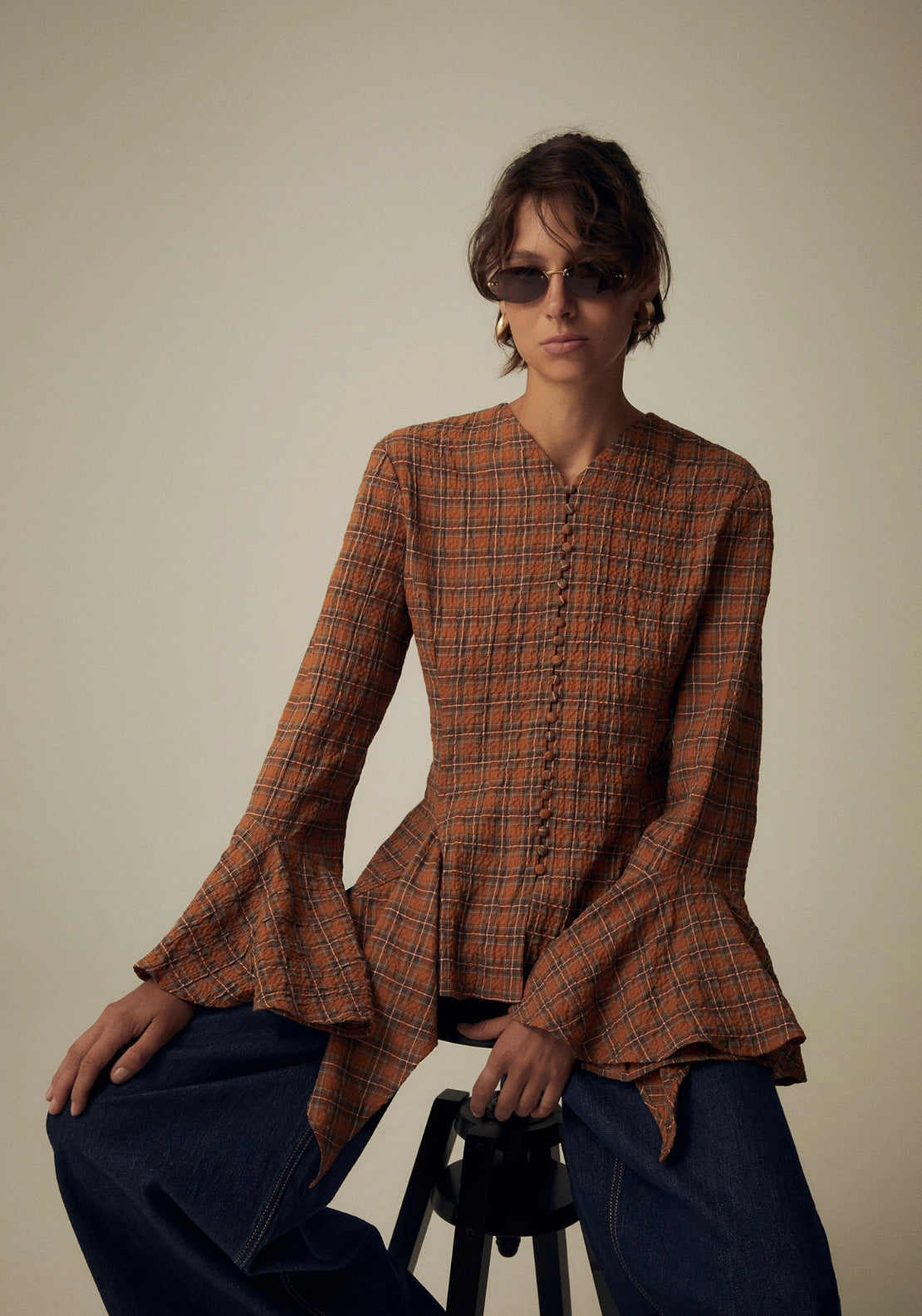 Checked Button Blouse - Orange