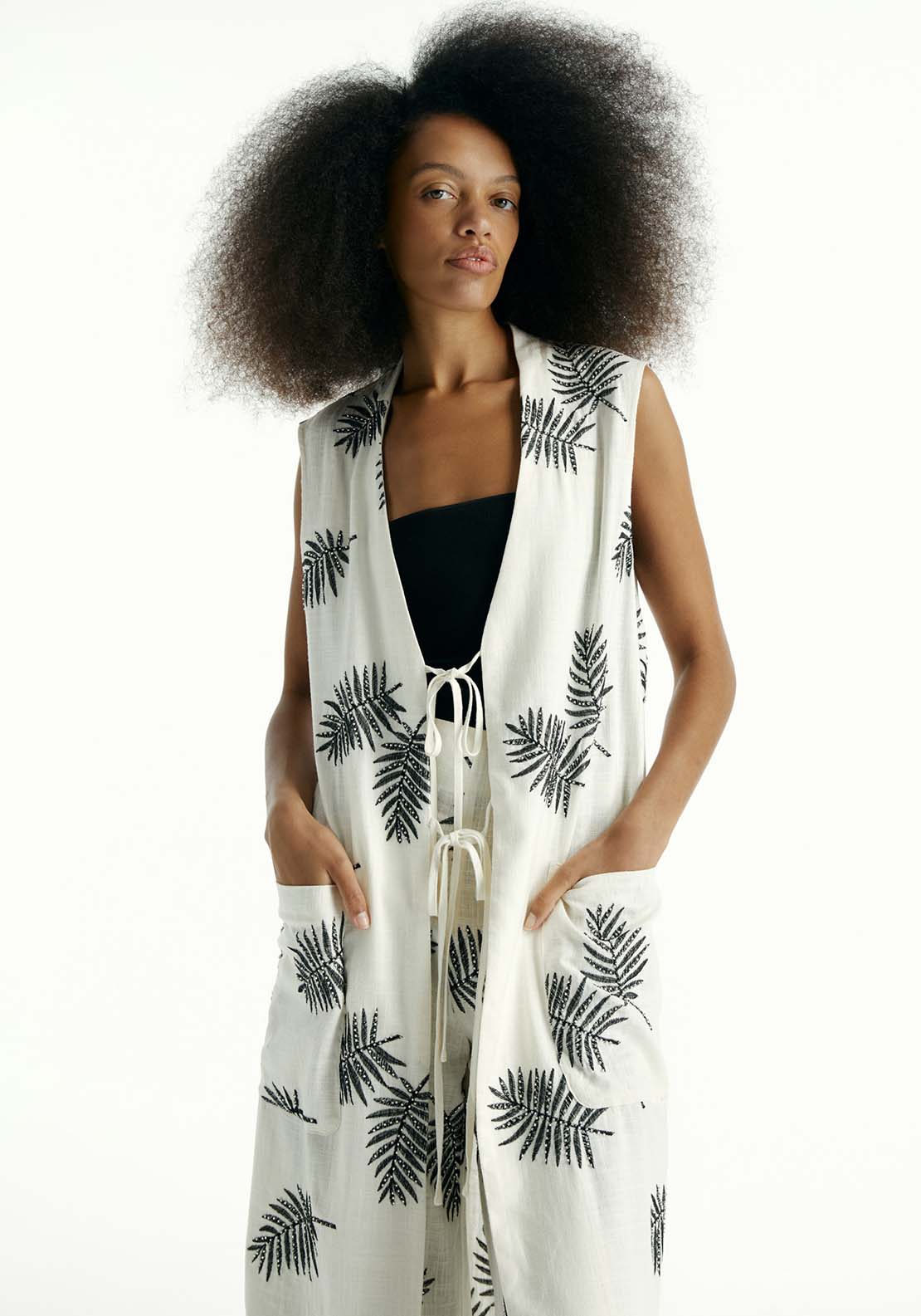 Sfera Long Embroidered Vest - Ecru 1 Shaws Department Stores