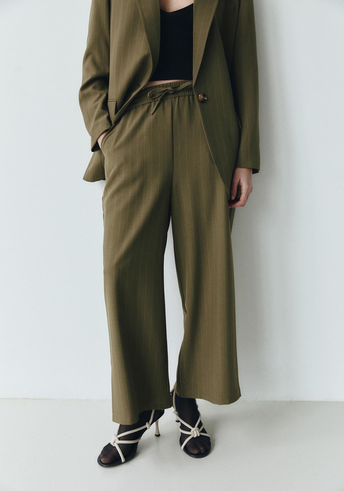 Sfera Stripes elastic waist trousers - Khaki 3 Shaws Department Stores