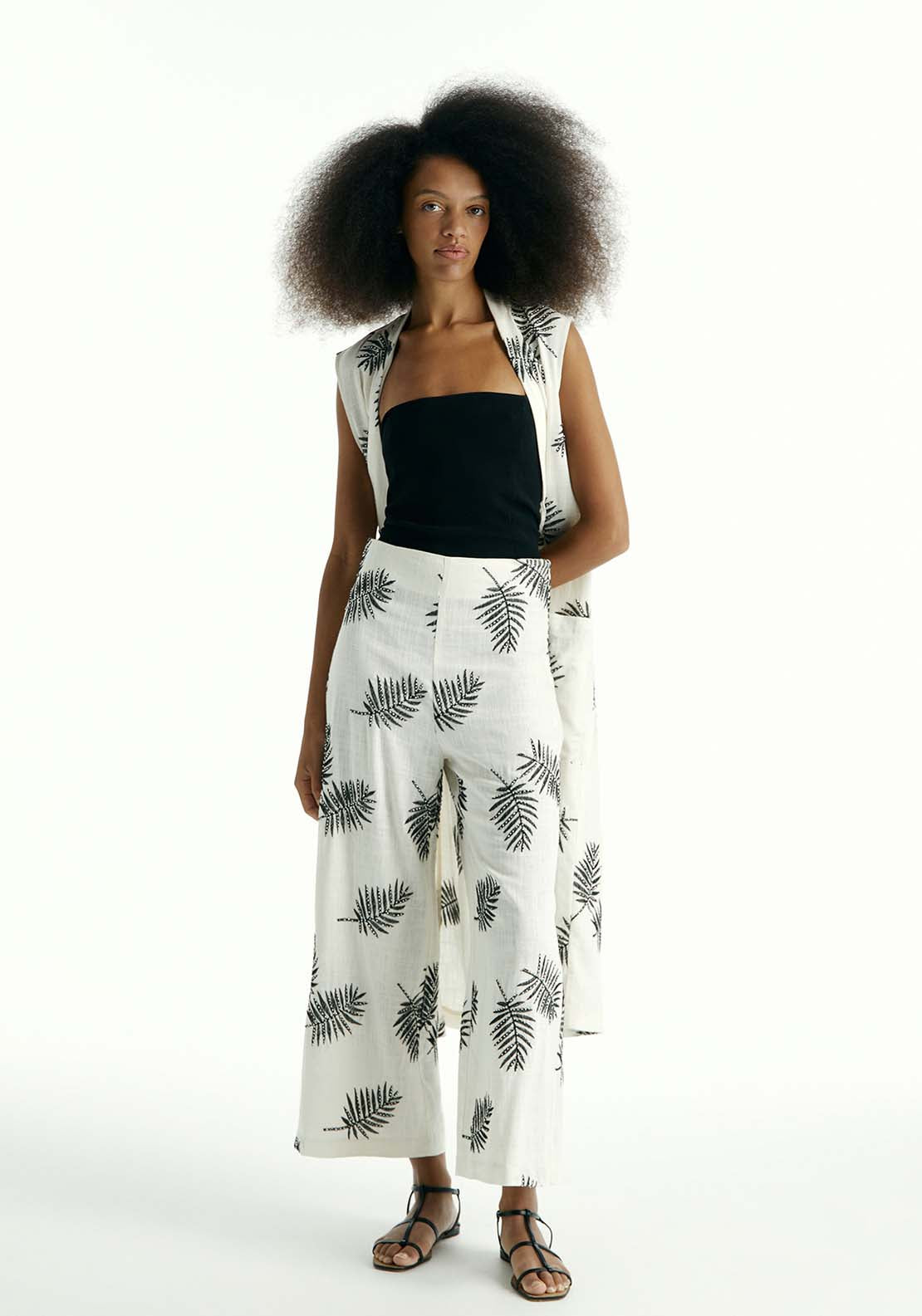 Sfera Leaves Embroidered Trousers - Ecru 5 Shaws Department Stores