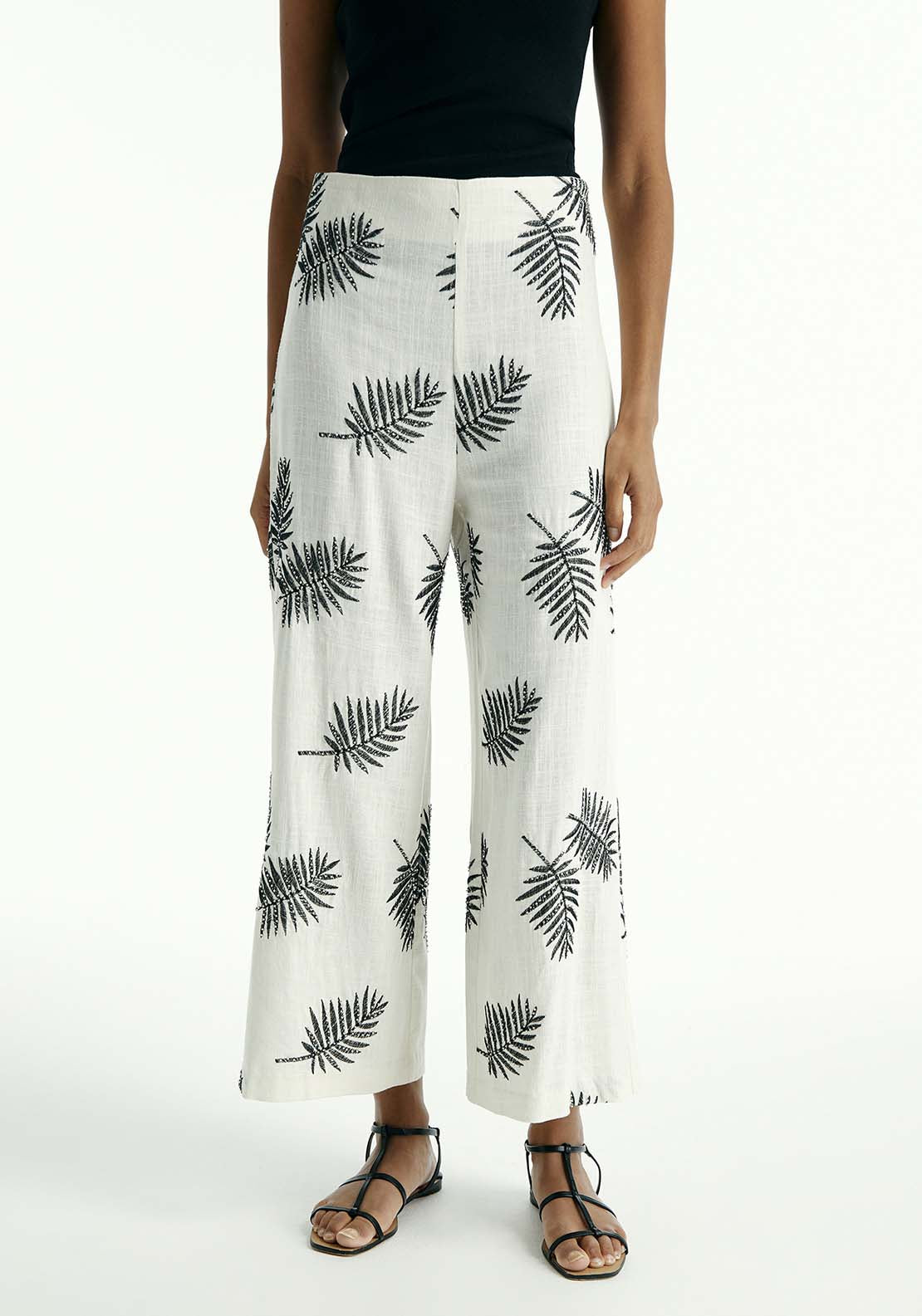 Sfera Leaves Embroidered Trousers - Ecru 1 Shaws Department Stores