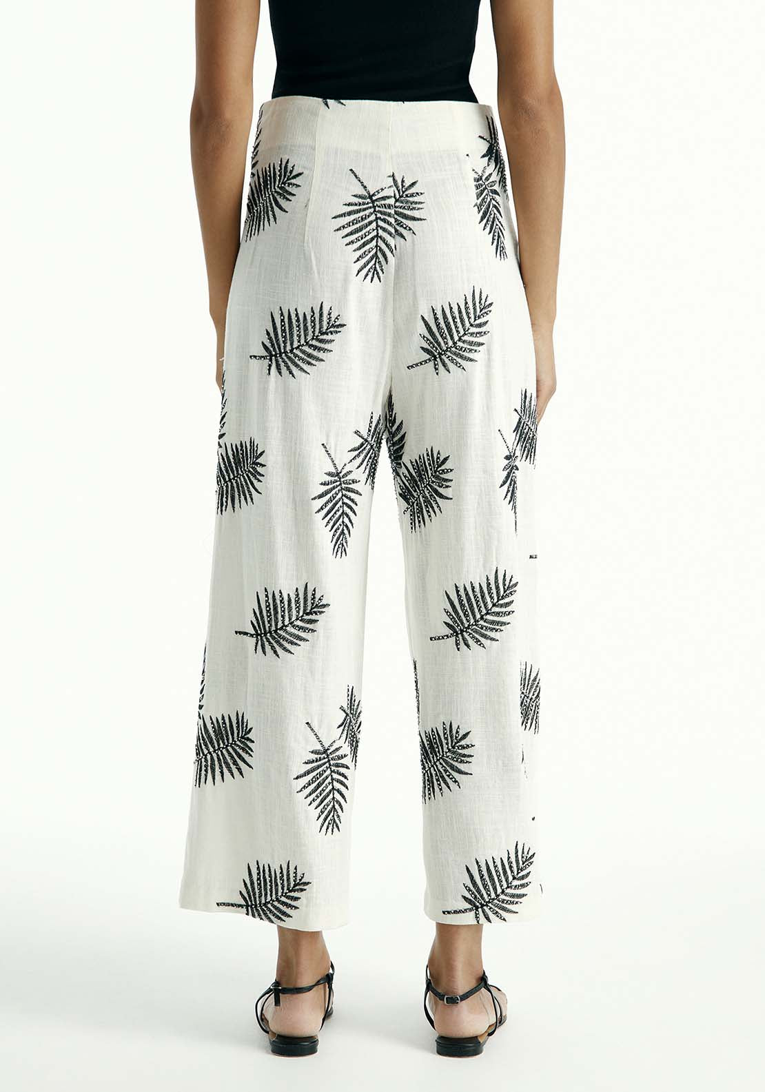 Sfera Leaves Embroidered Trousers - Ecru 2 Shaws Department Stores
