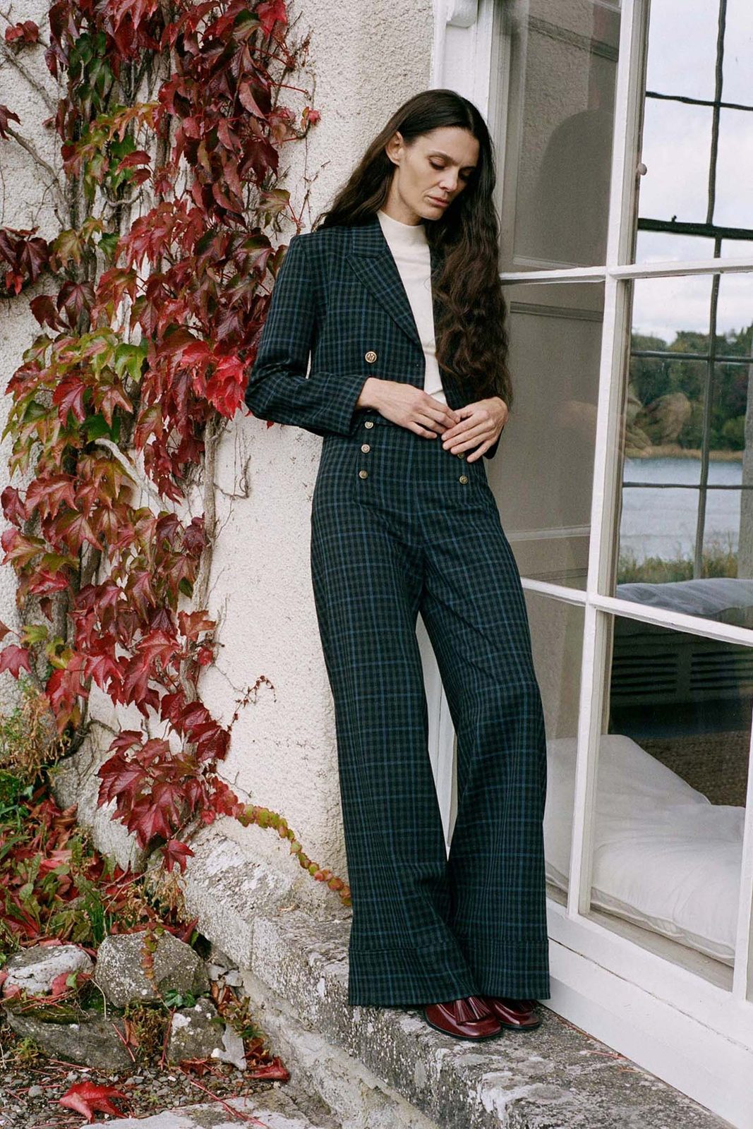 Buttons Check Trousers - Blue