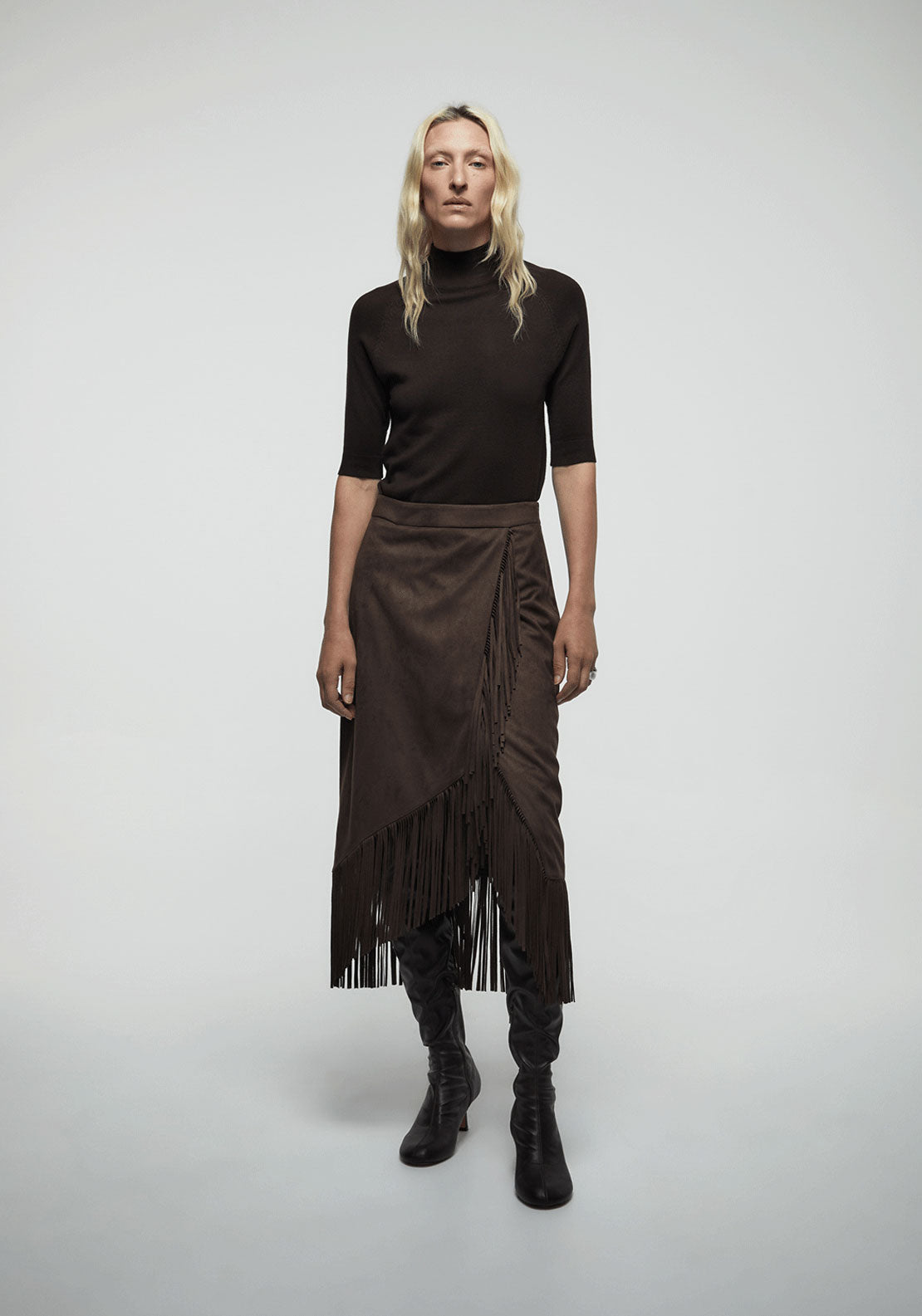Faux Suede Fringe Skirt - Brown