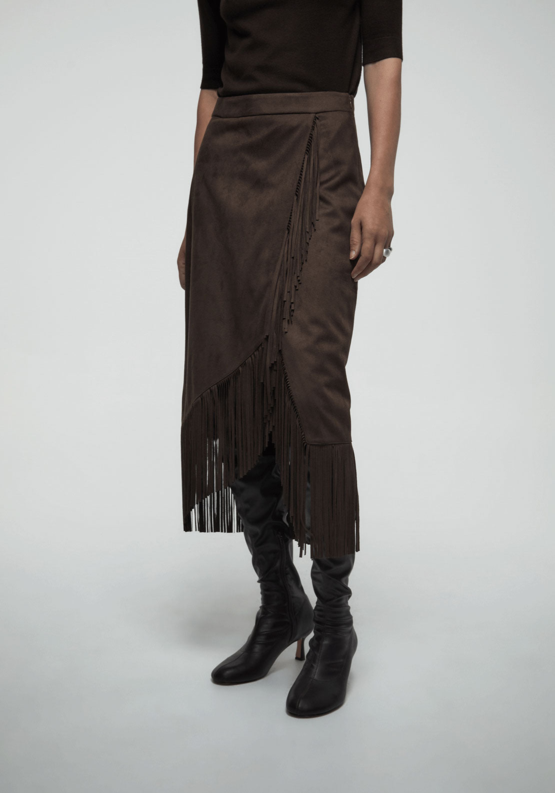 Faux Suede Fringe Skirt - Brown