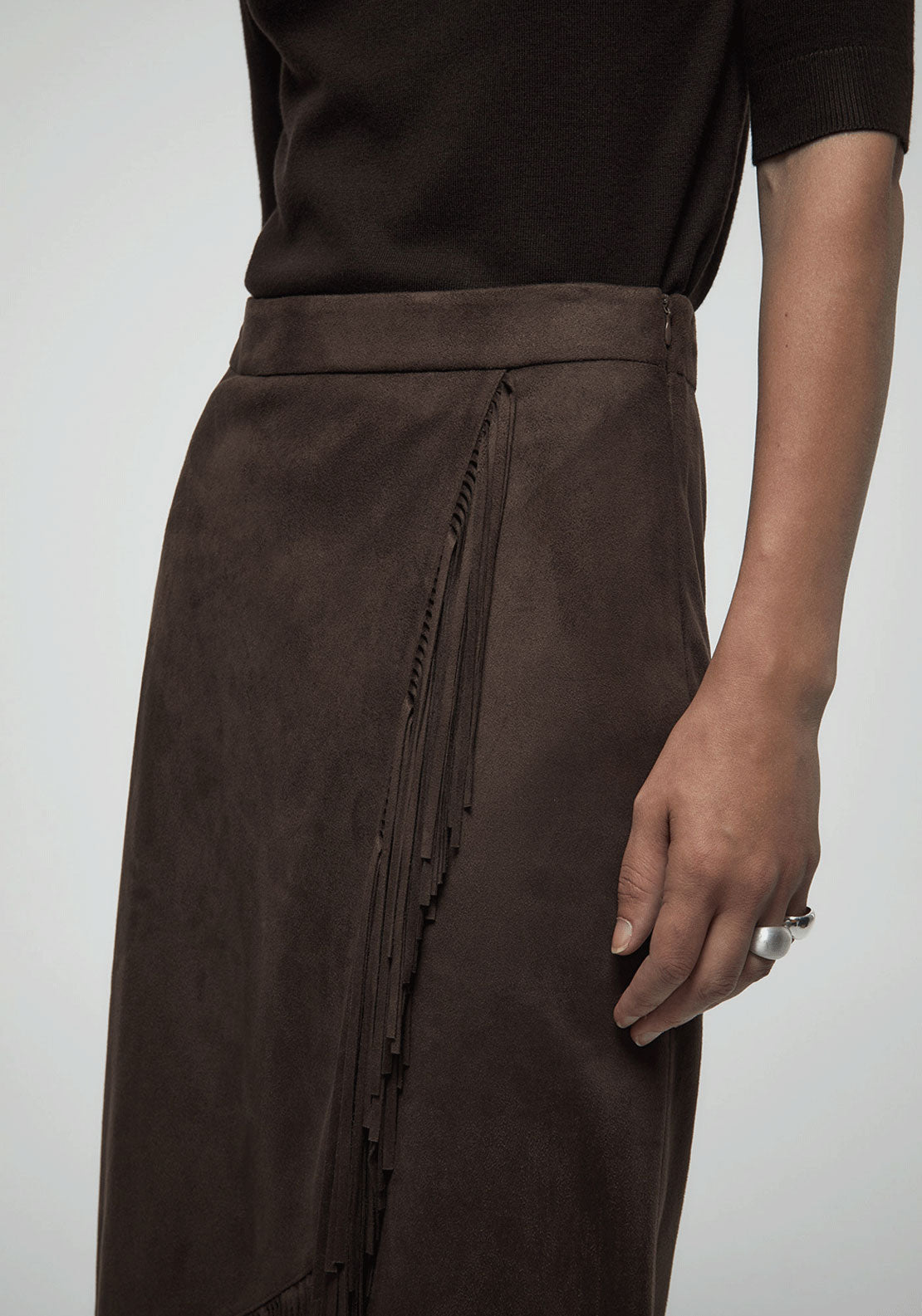 Faux Suede Fringe Skirt - Brown