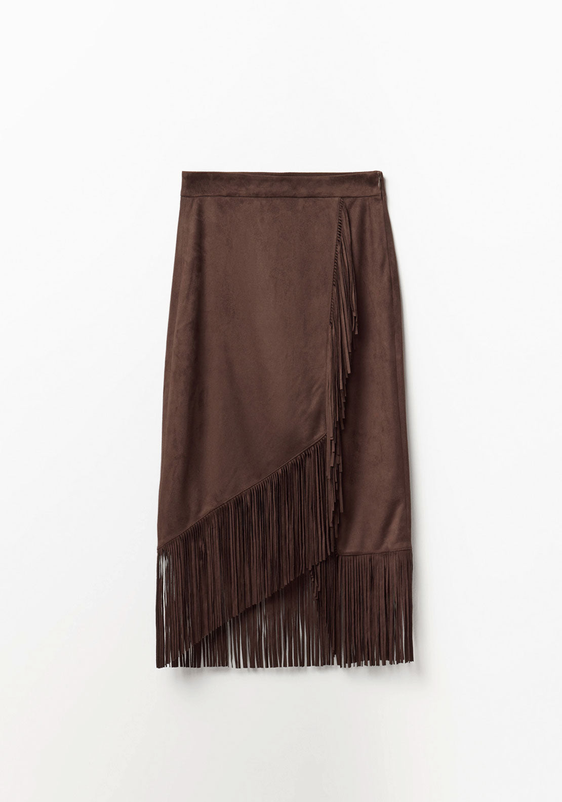 Faux Suede Fringe Skirt - Brown