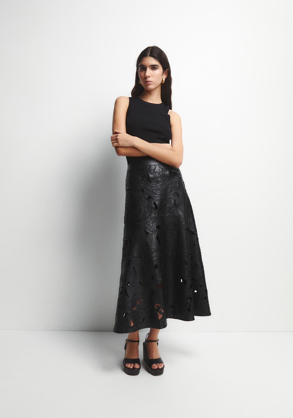 Perforated Midi Skirt - Black