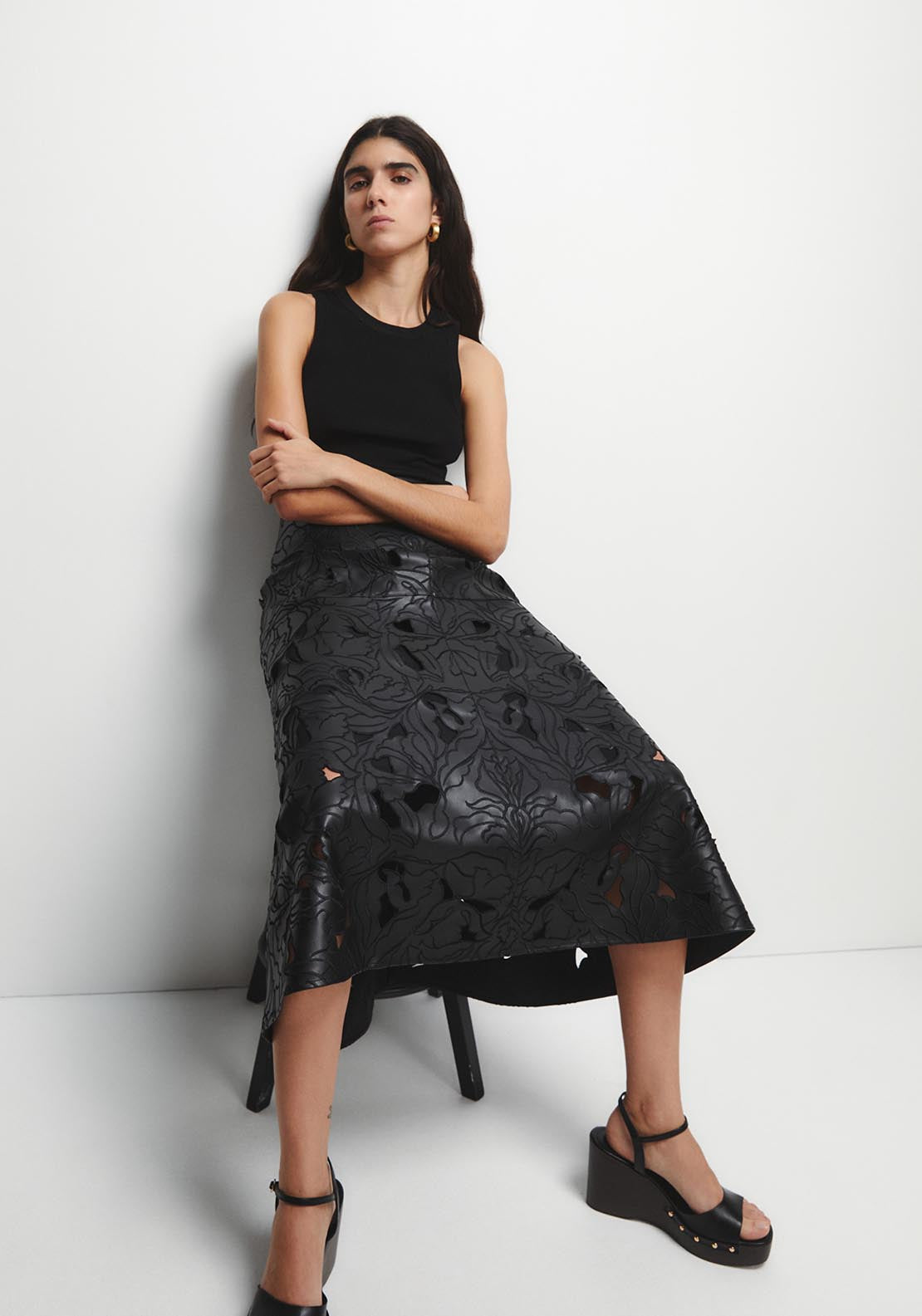 Perforated Midi Skirt - Black
