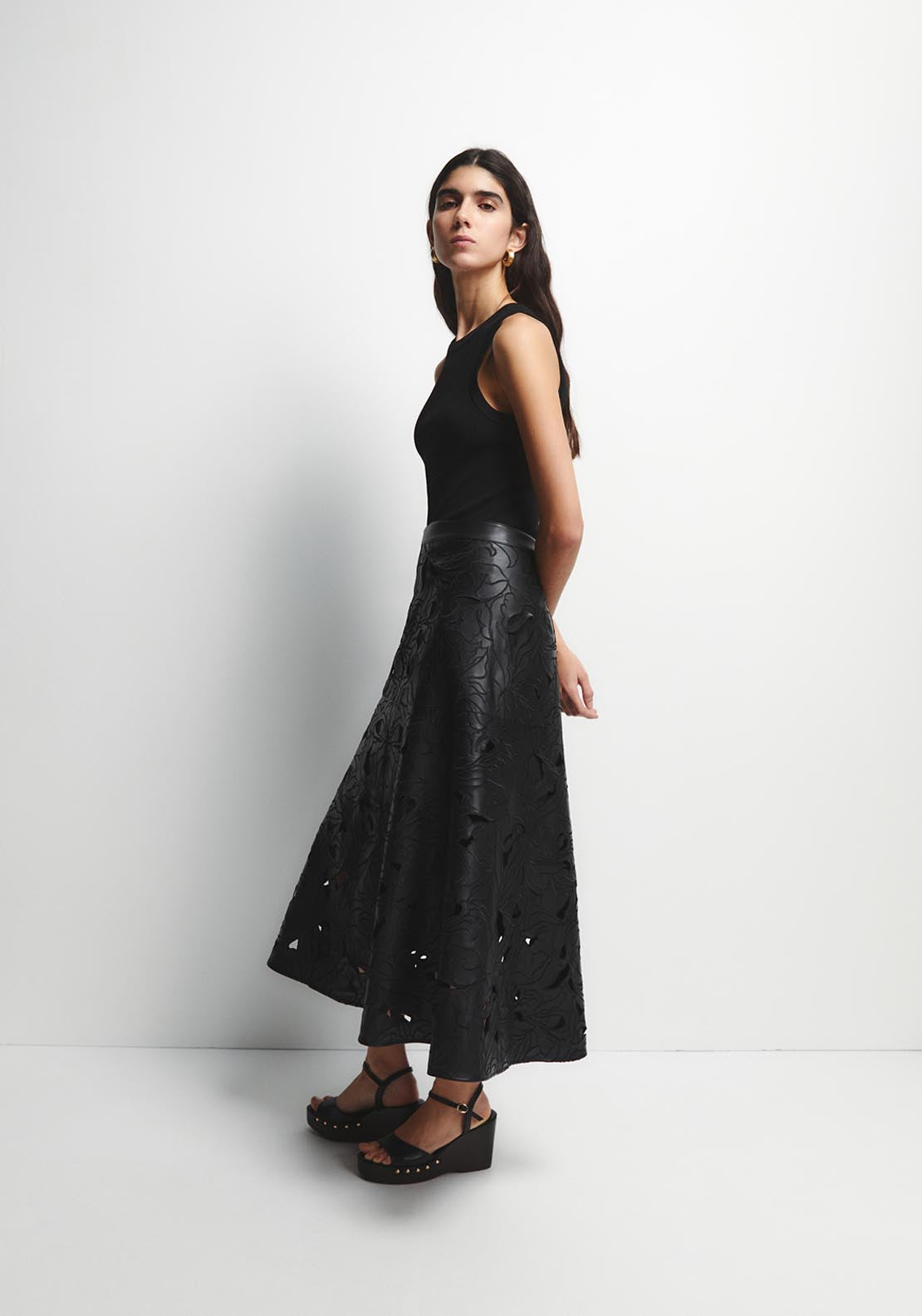 Perforated Midi Skirt - Black