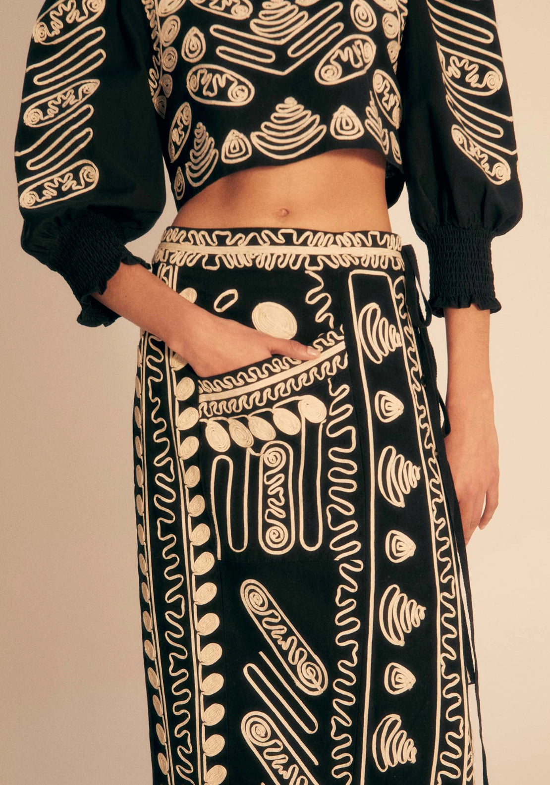 Embroidered Midi Skirt - Black