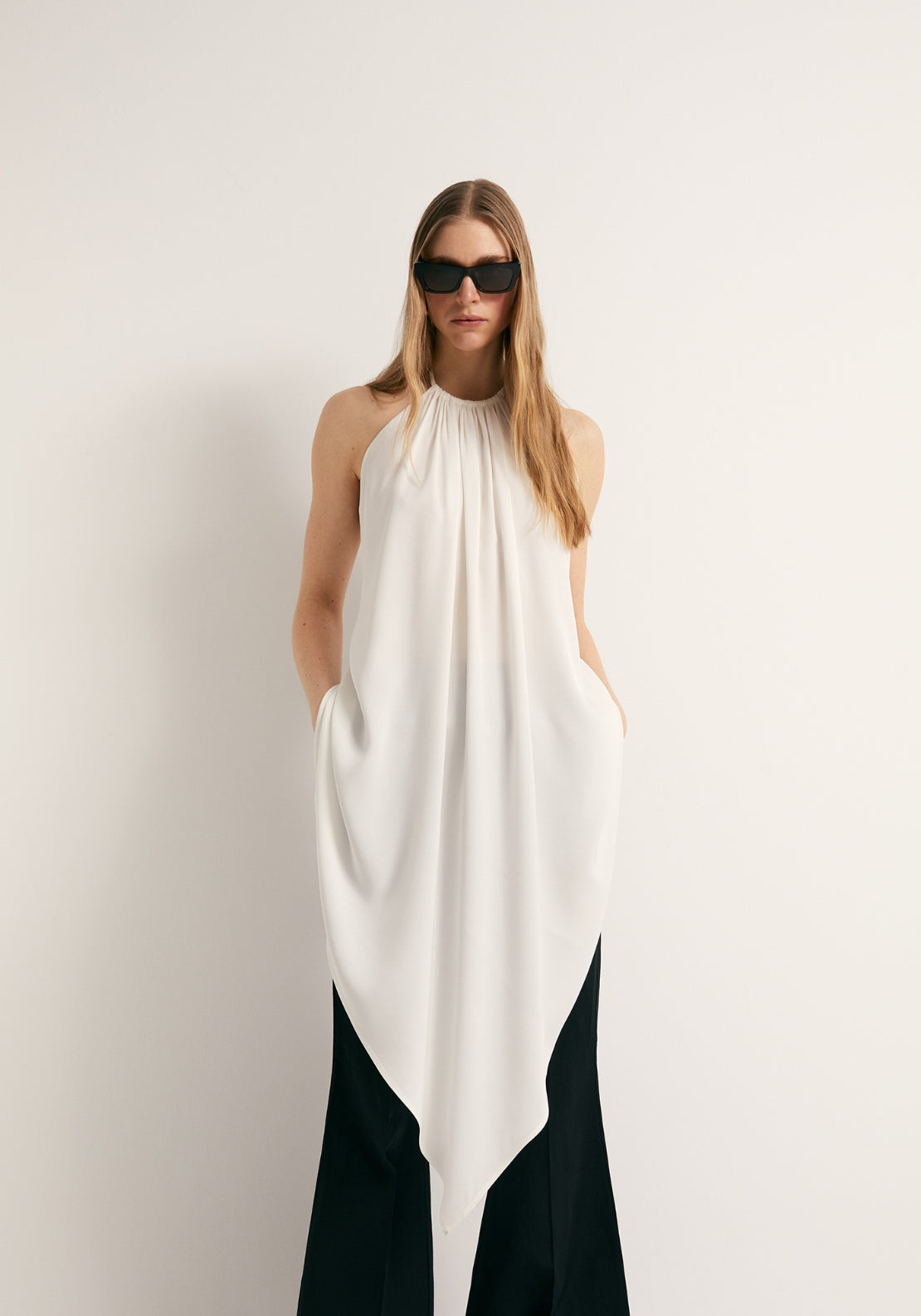Asymmetric Halterneck Tie Top - Cream