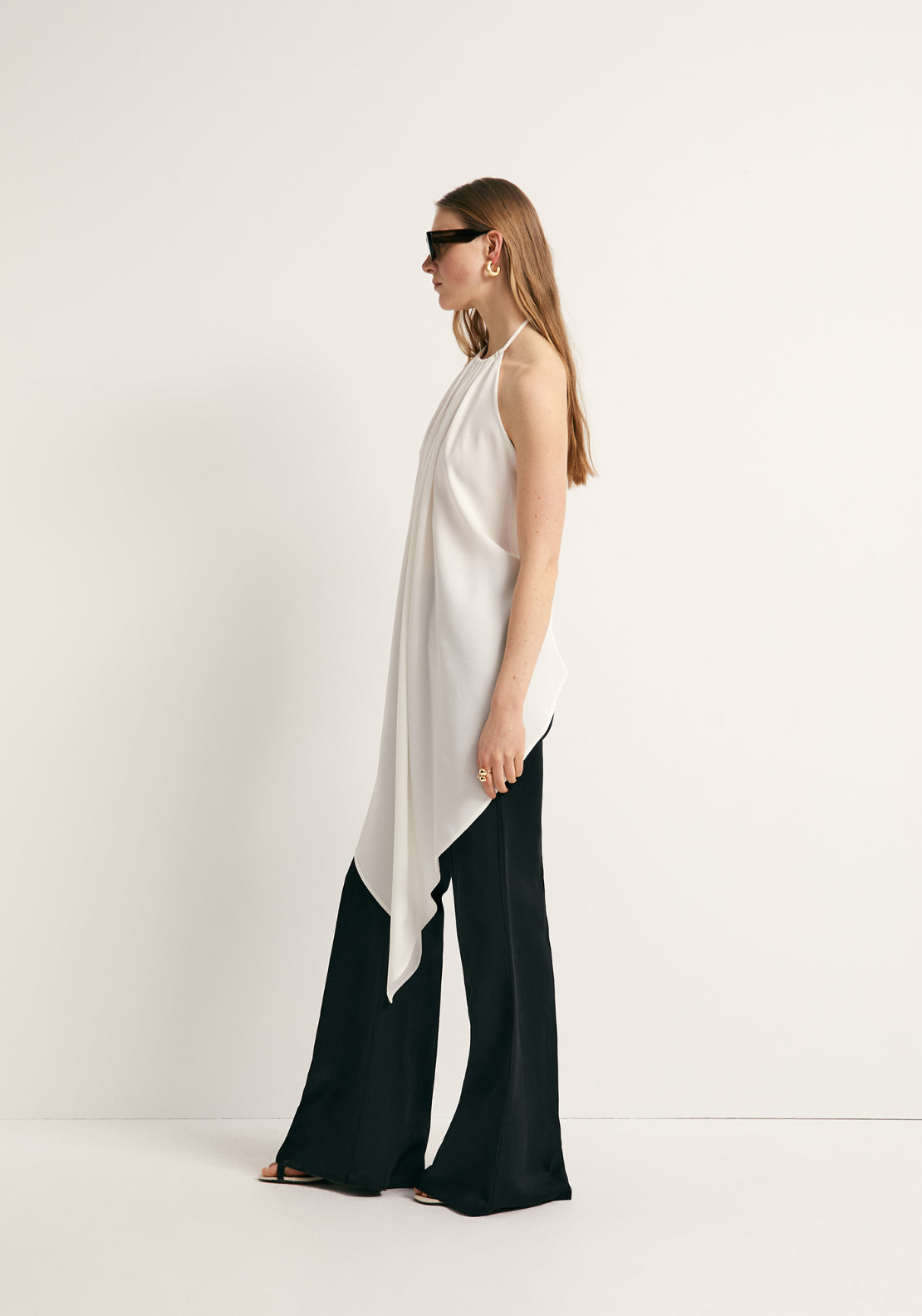 Asymmetric Halterneck Tie Top - Cream