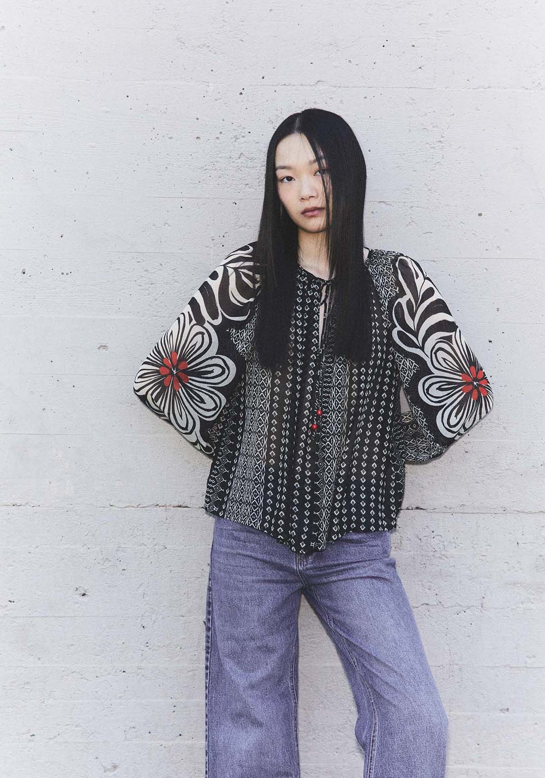 Sfera Geometric print oversized blouse - Black 1 Shaws Department Stores