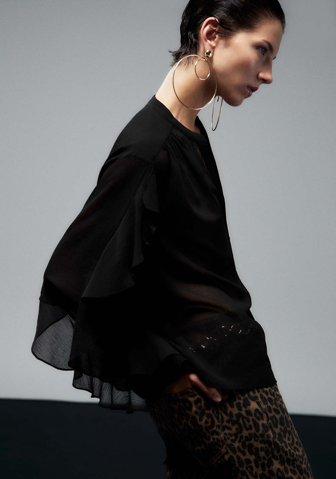 Sfera Ruffled Sleeves Blouse - Black 2 Shaws Department Stores