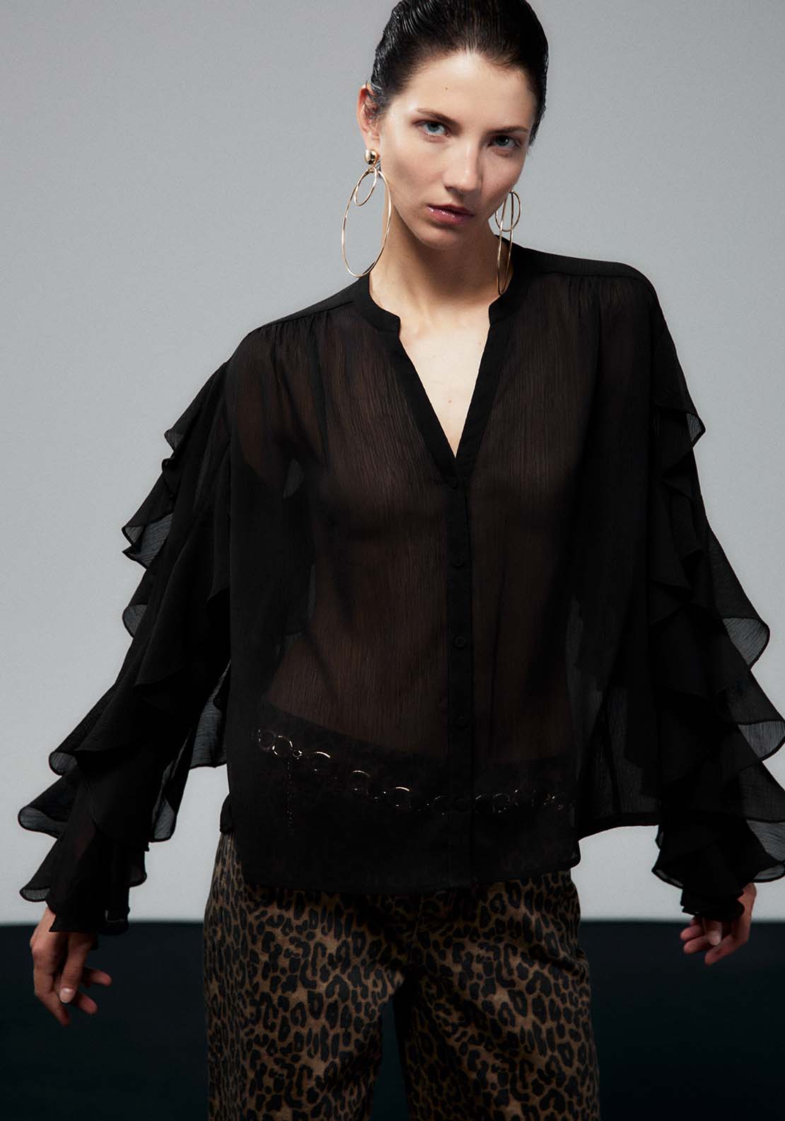 Sfera Ruffled Sleeves Blouse - Black 4 Shaws Department Stores