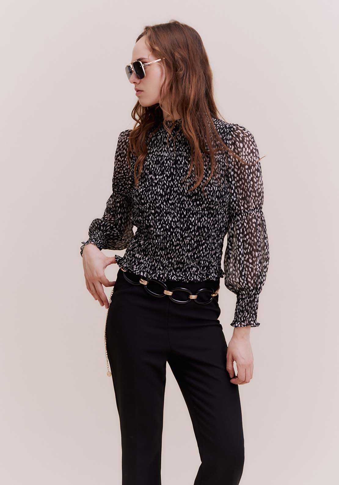 Sfera Back zip printed top - Black 1 Shaws Department Stores