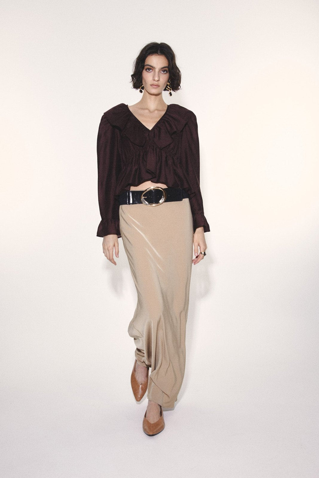 Ruffles V-Neck Top - Brown